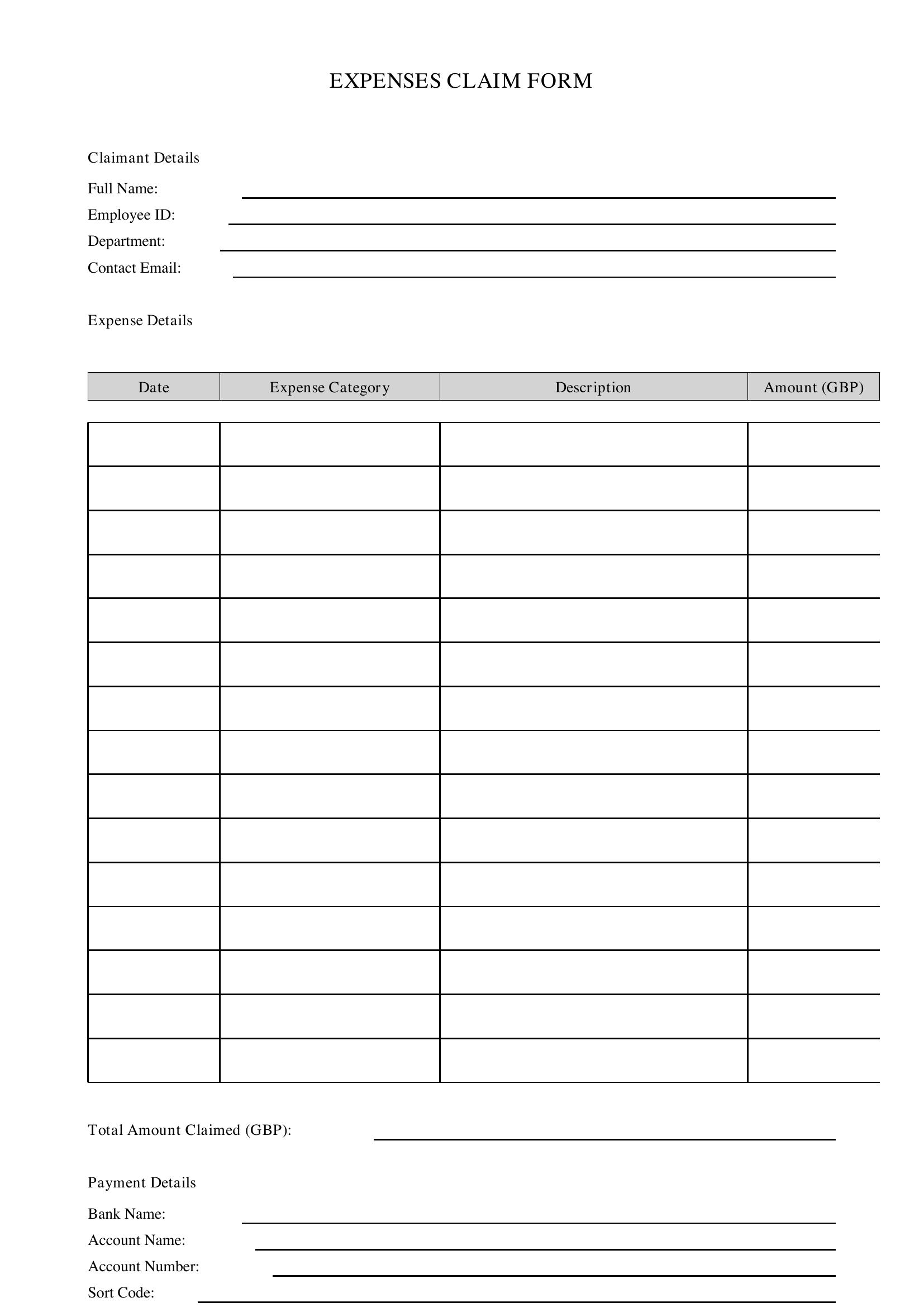 Expenses Claim Form Template - UK
