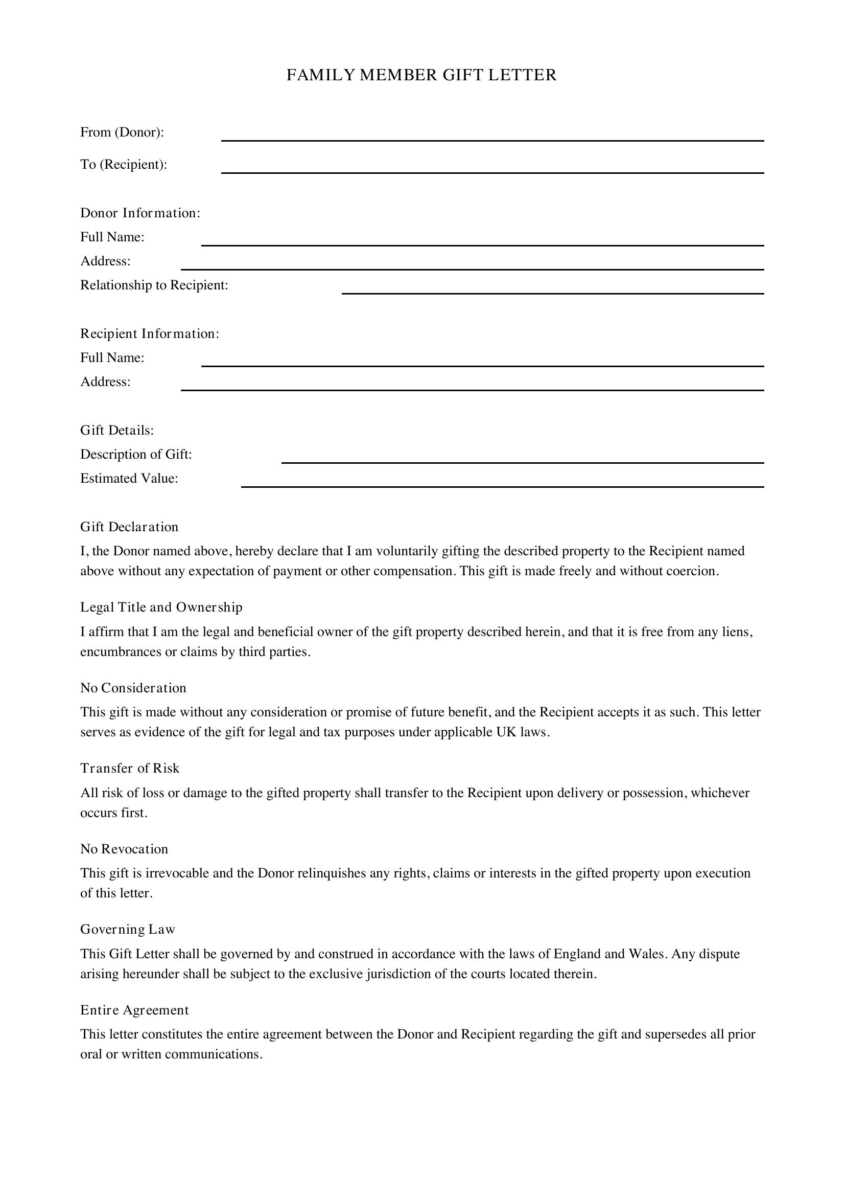 Family Member Gift Letter Template - UK