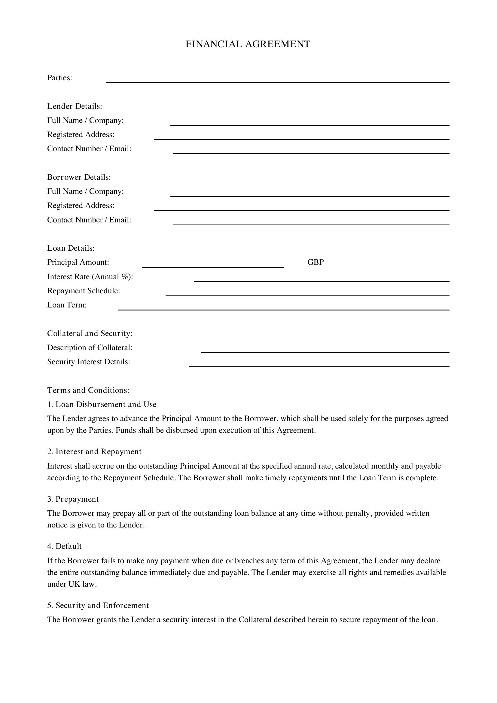 Financial Agreement Template - UK