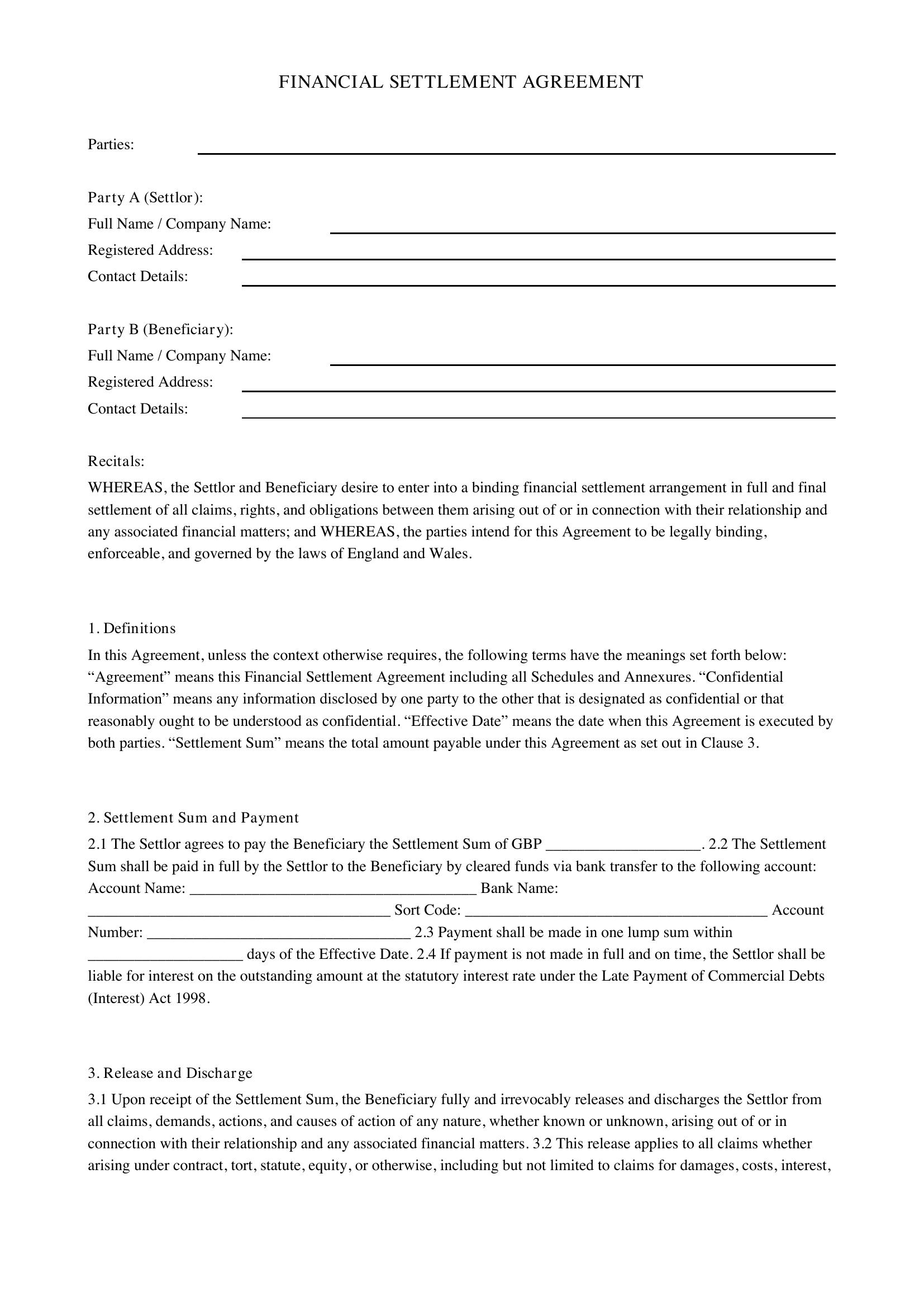 Financial Settlement Agreement Template - UK