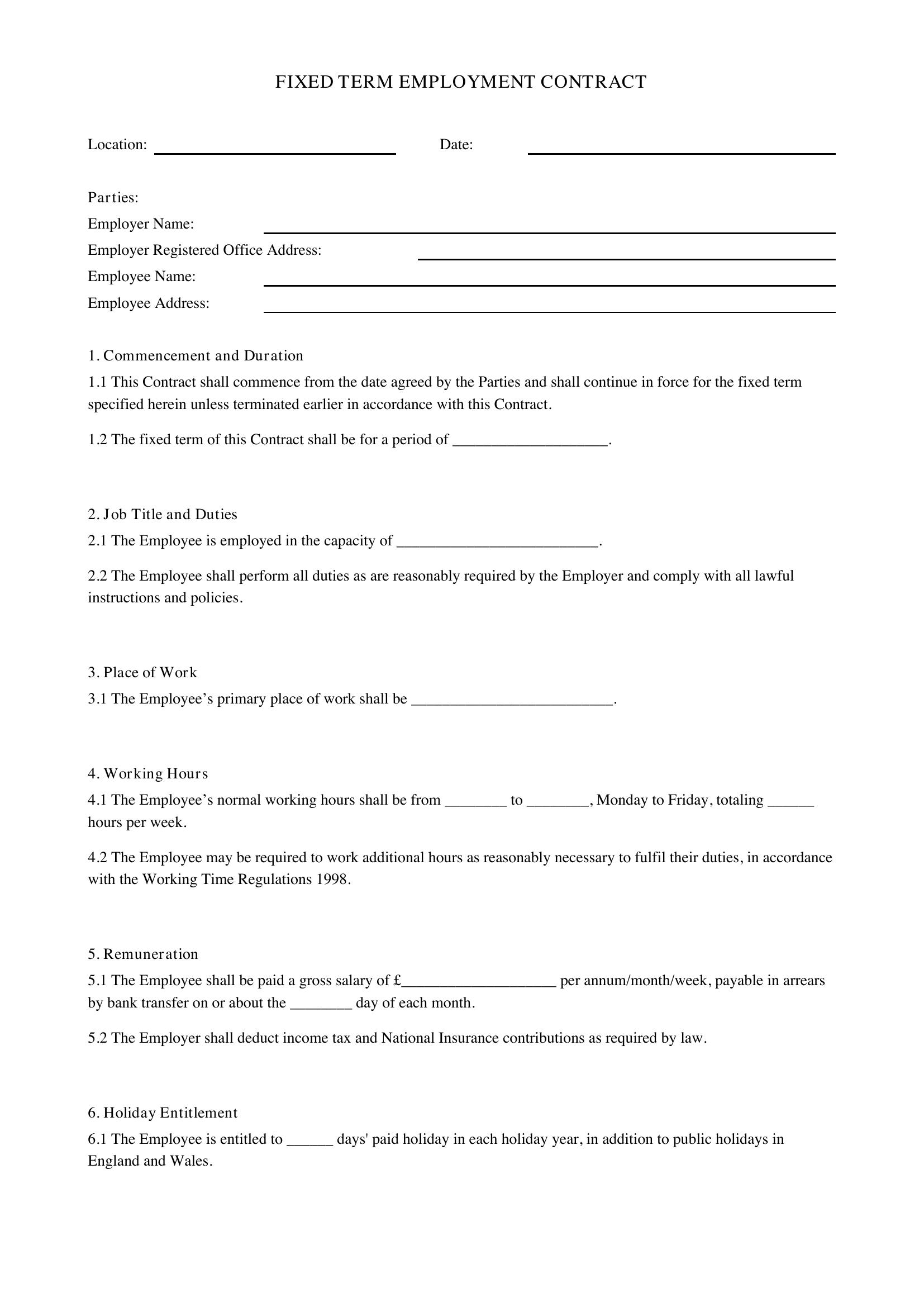 Fixed Term Contract Template UK