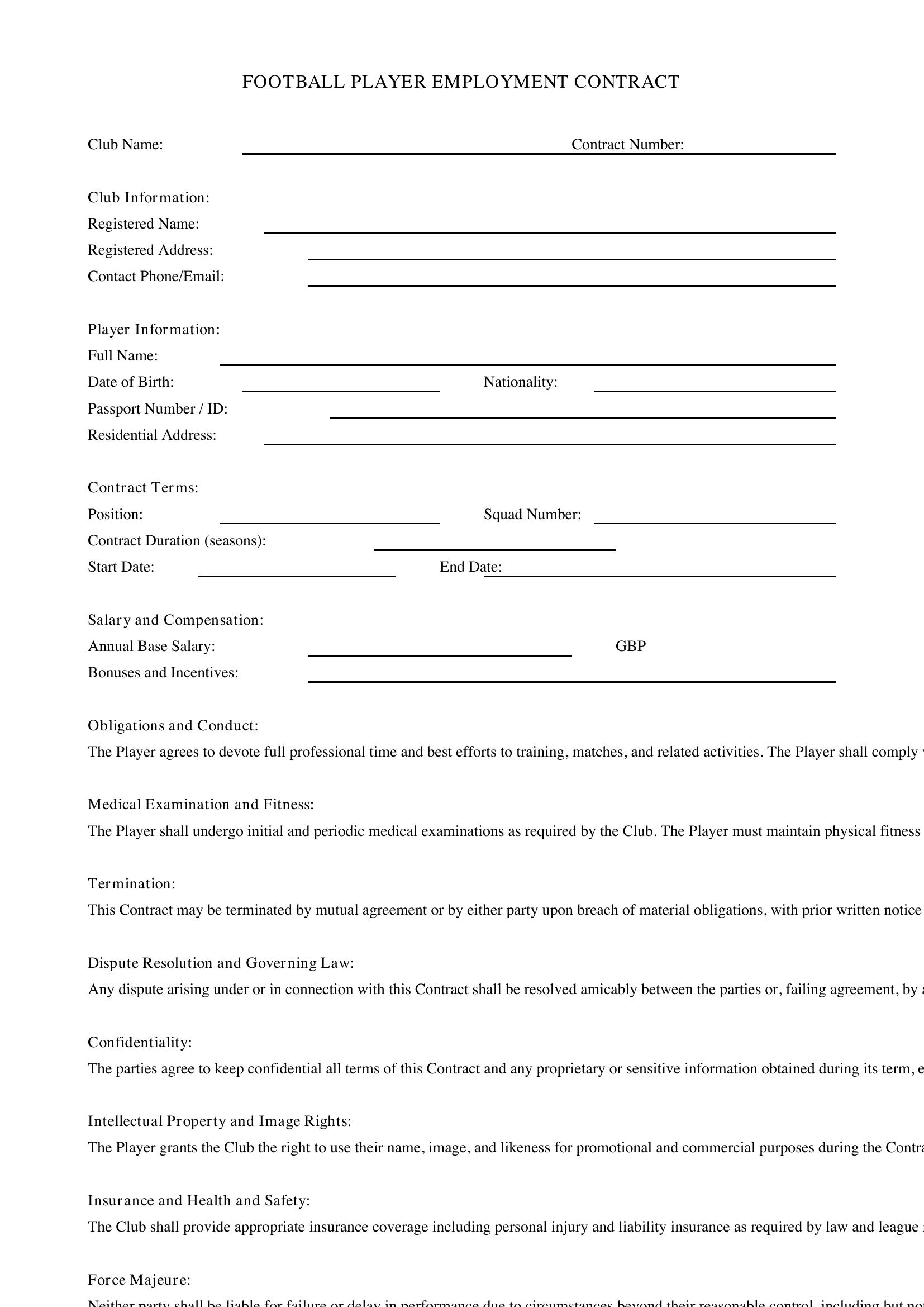 Football Contract Template - UK