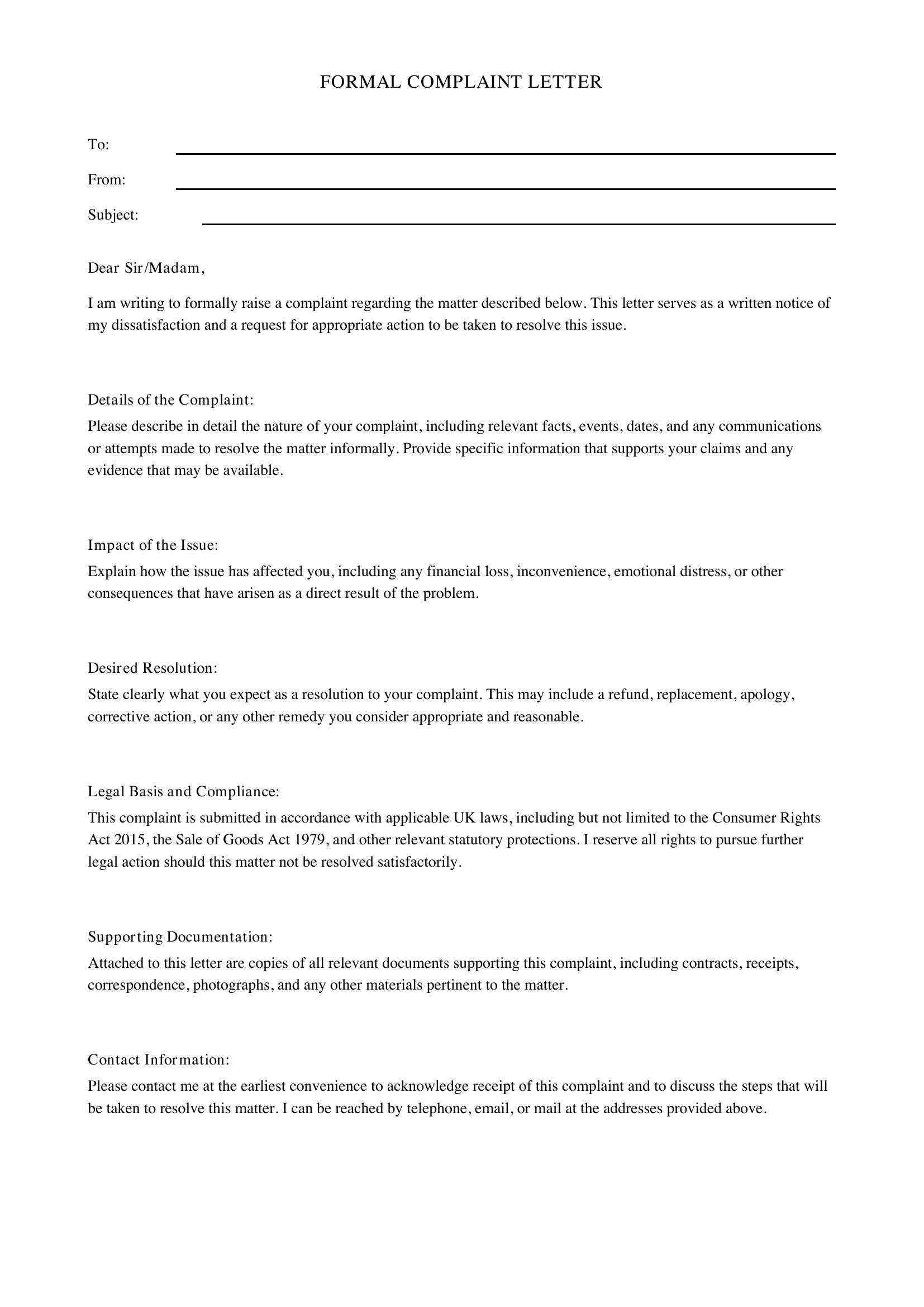 Formal Complaint Letter Template - UK