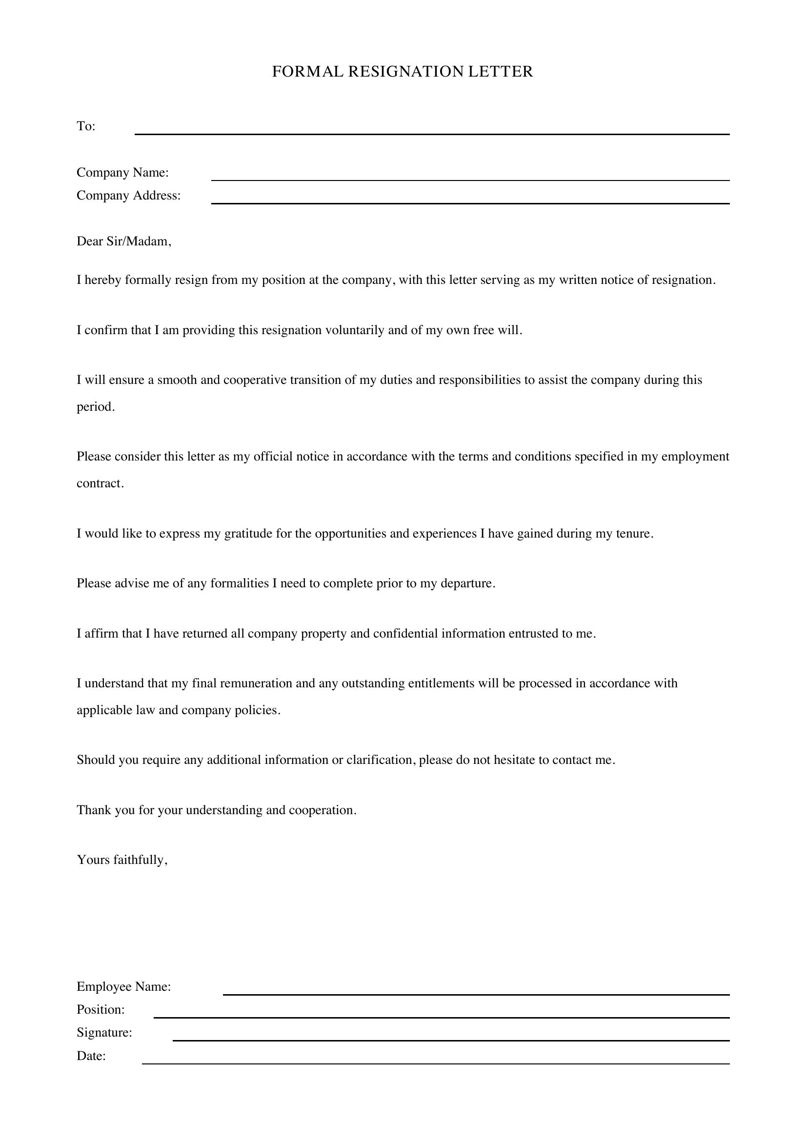 Formal Resignation Letter Template - UK
