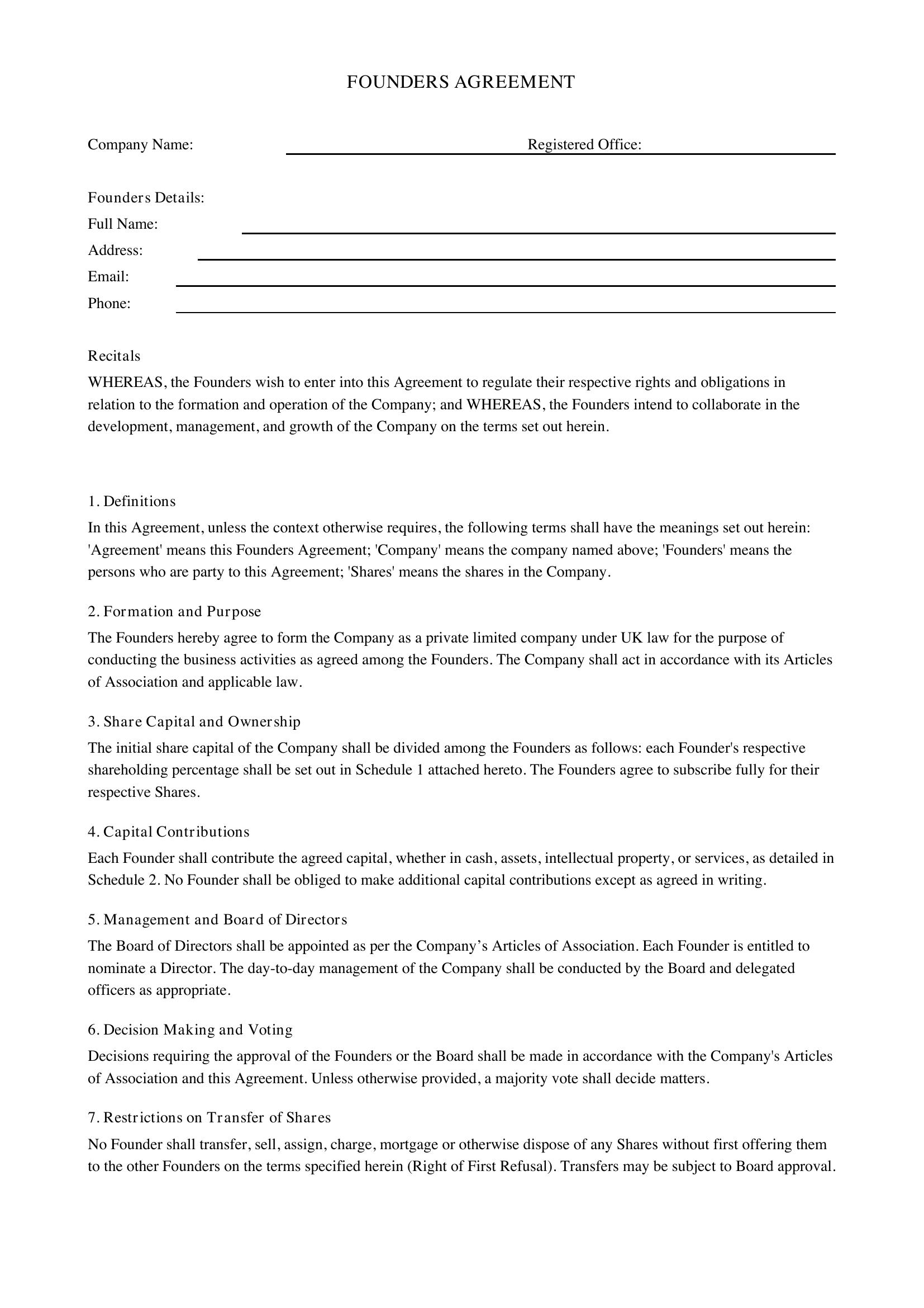Founders Agreement Template - UK