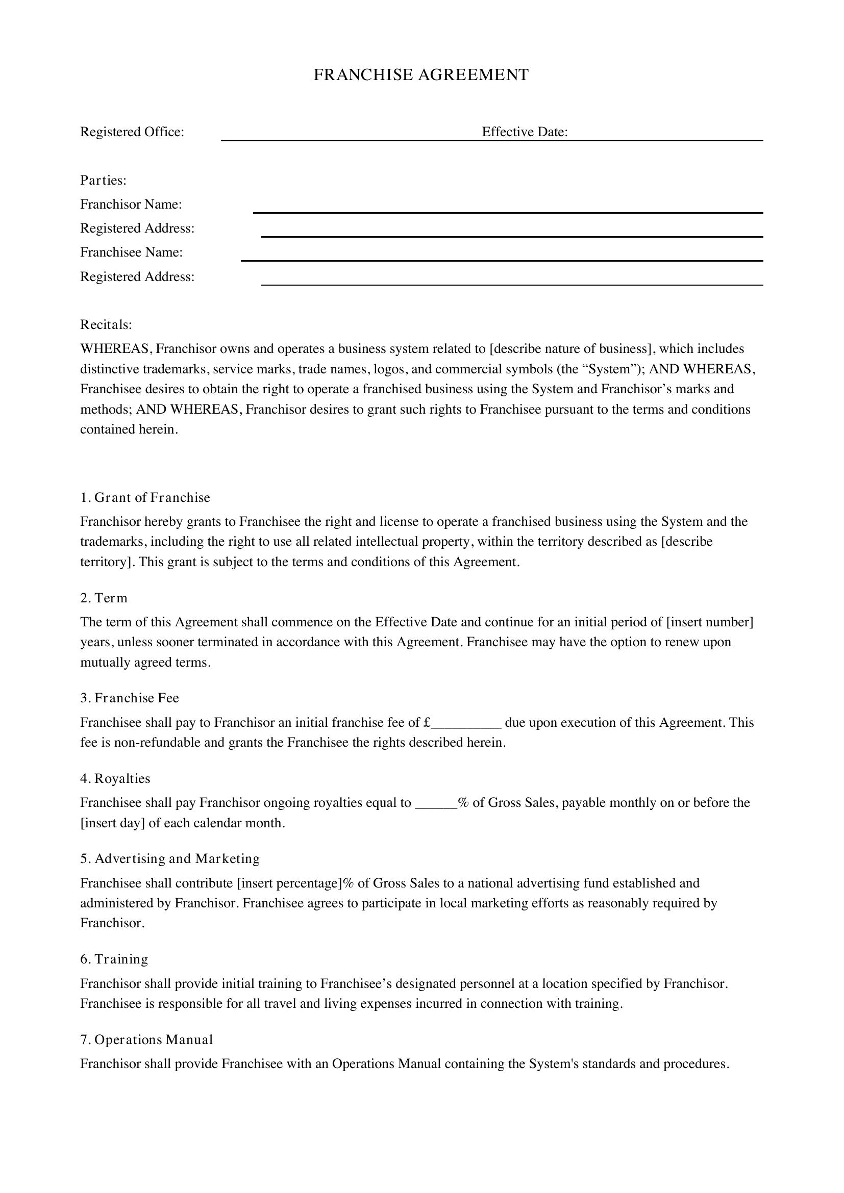 Franchise Agreement Template - UK