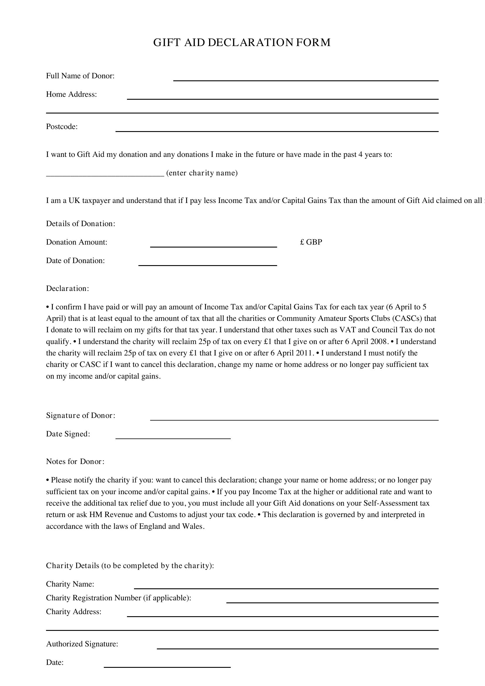 Gift Aid Declaration Form Template - UK