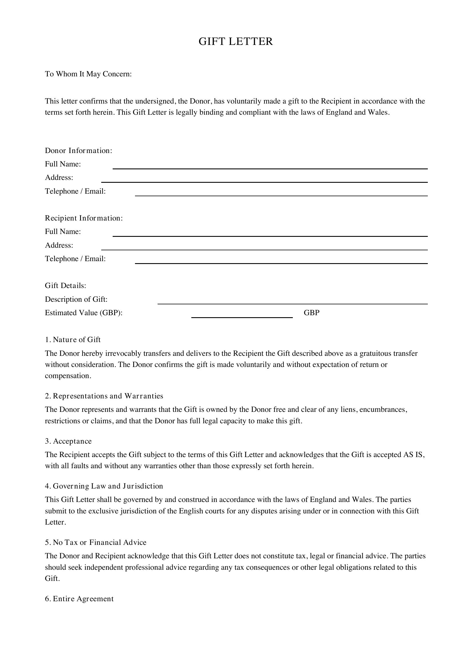 Gift Letter Template - UK