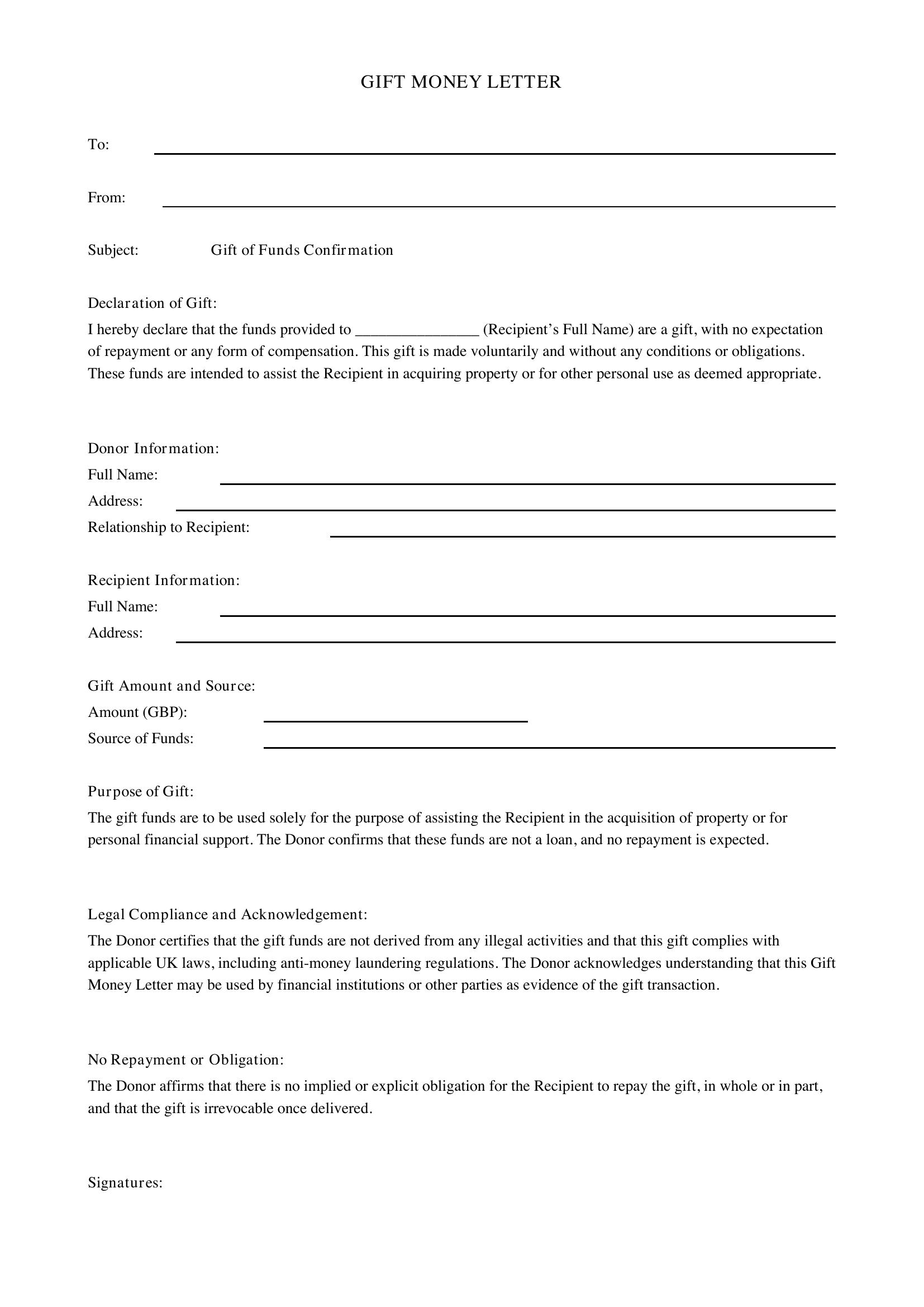 Gift Money Letter Template - UK