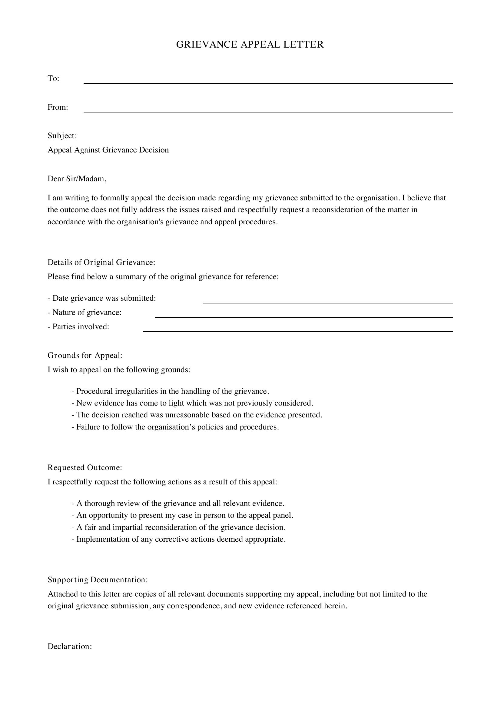 Grievance Appeal Letter Template - UK