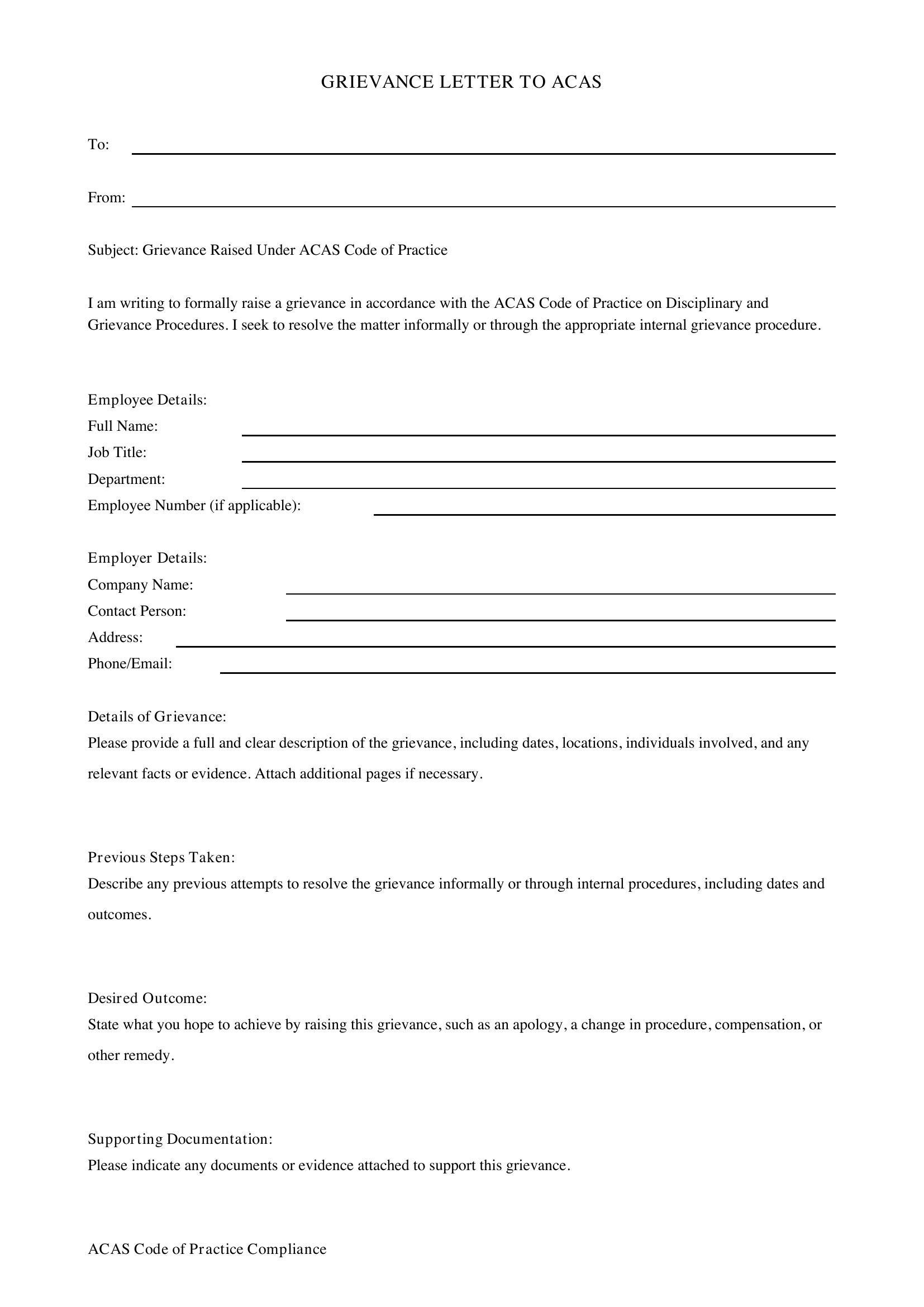 Grievance Letter Acas Template - UK