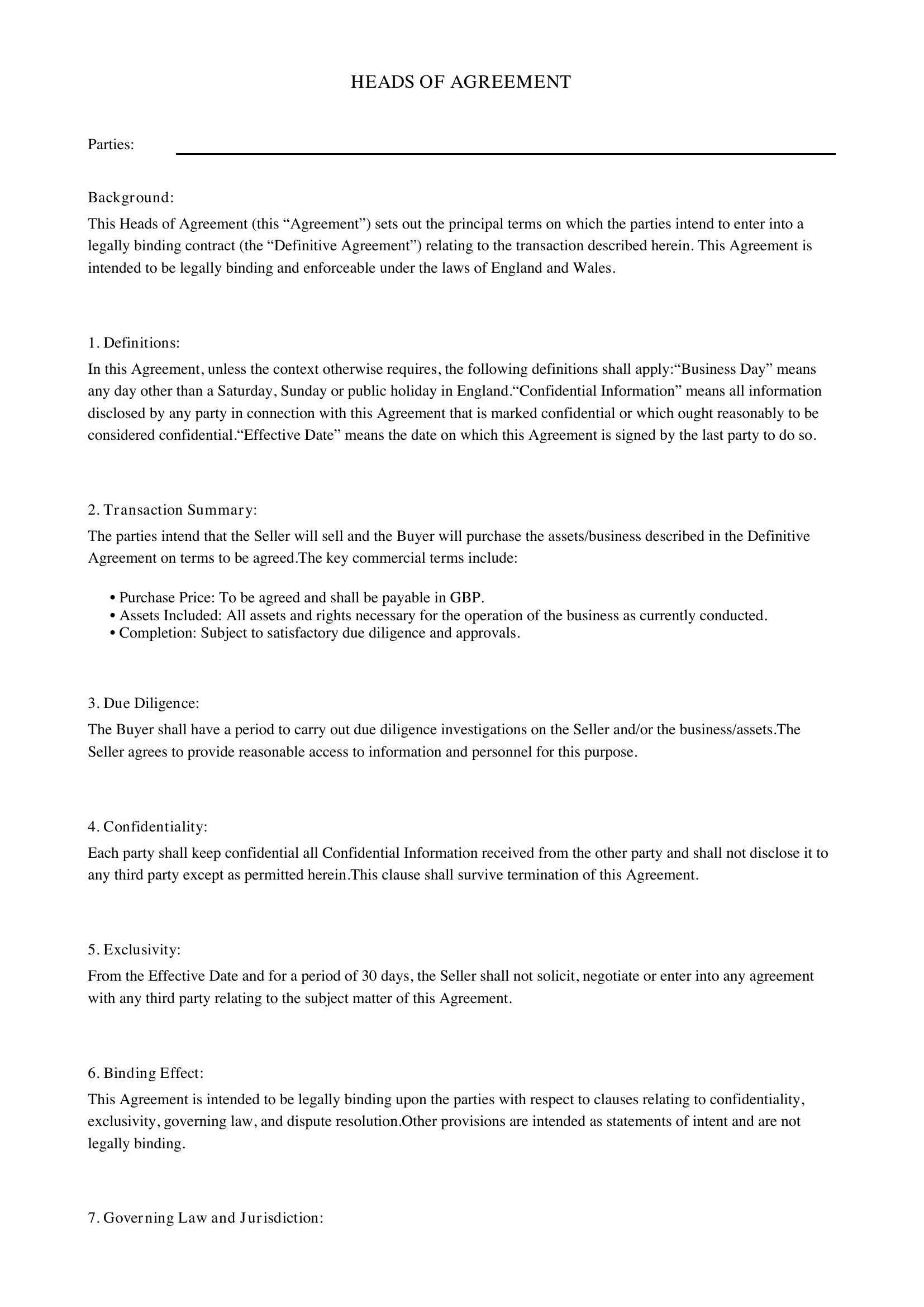 Heads Of Agreement Template - UK