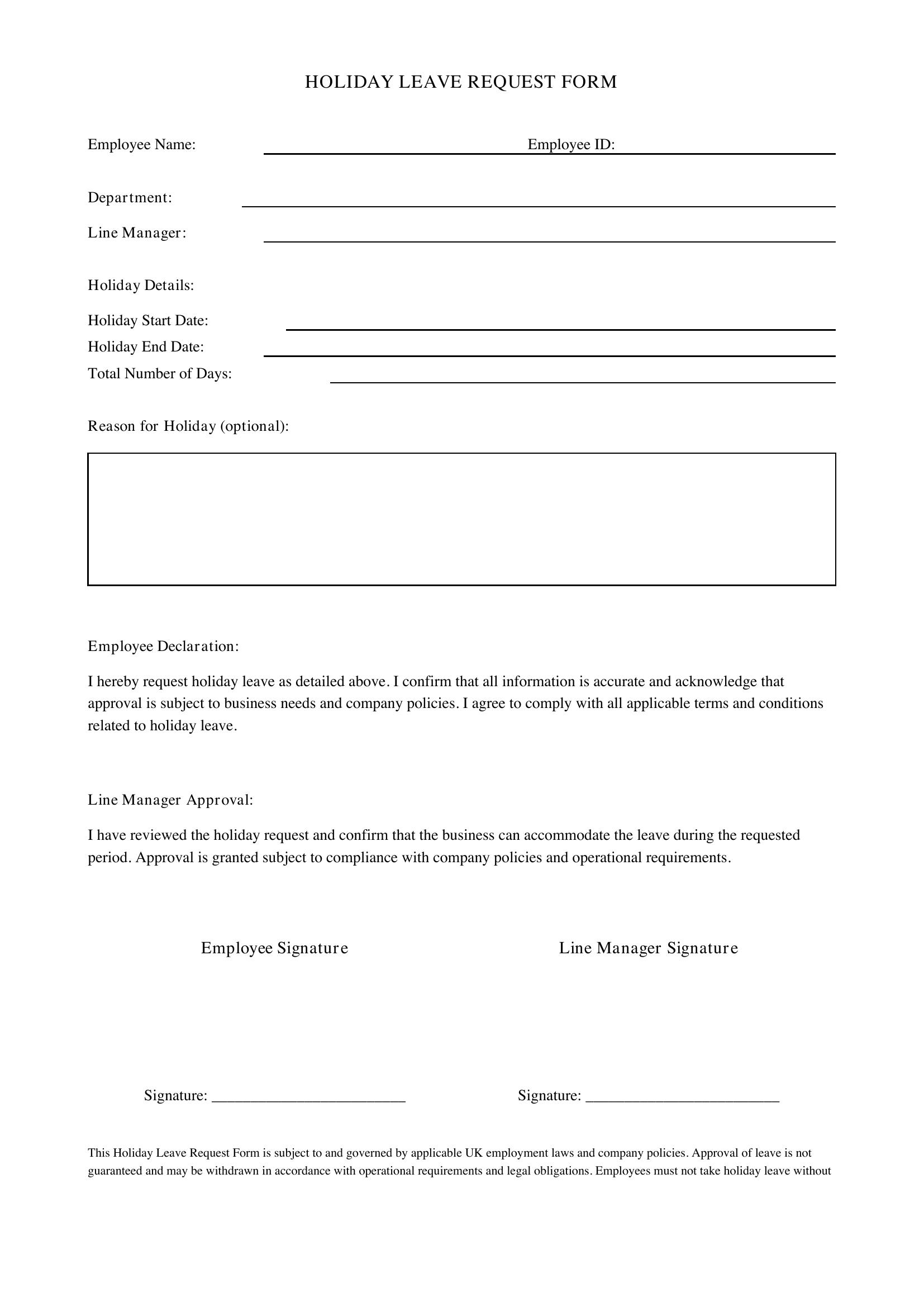 Holiday Form Template - UK