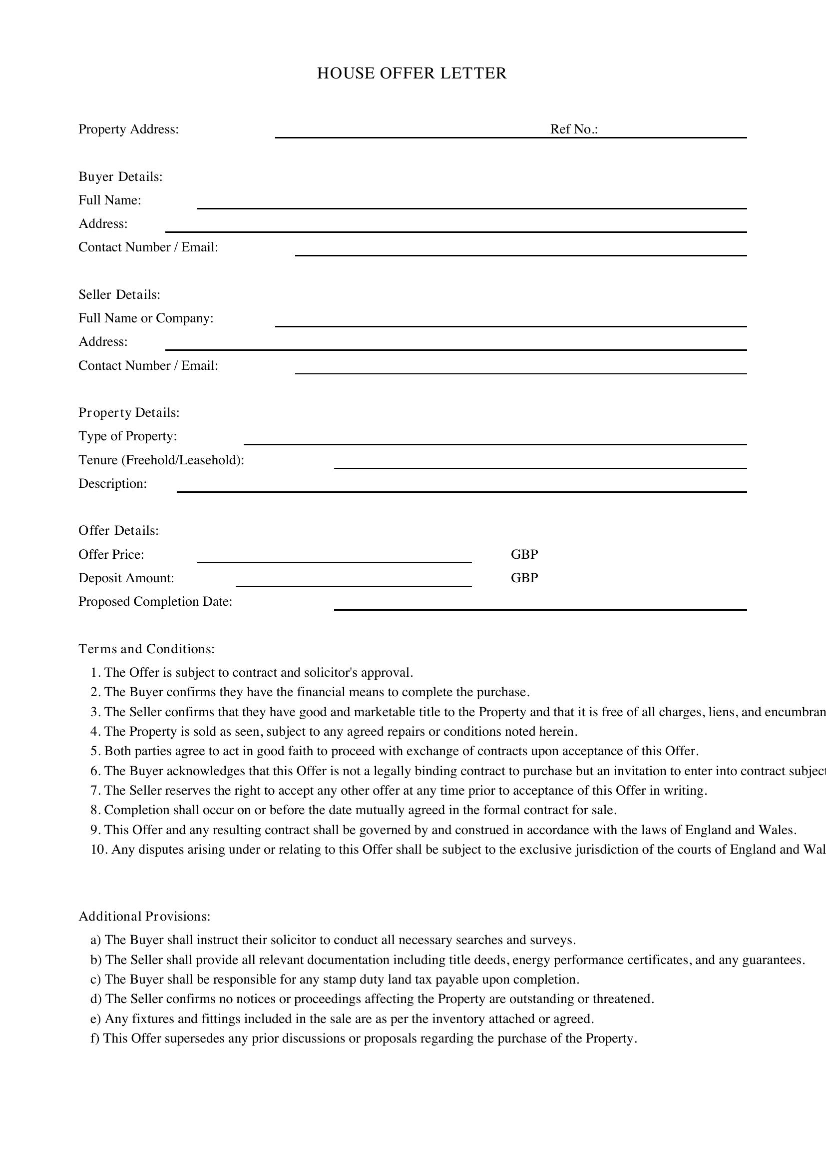 House Offer Letter Template - UK
