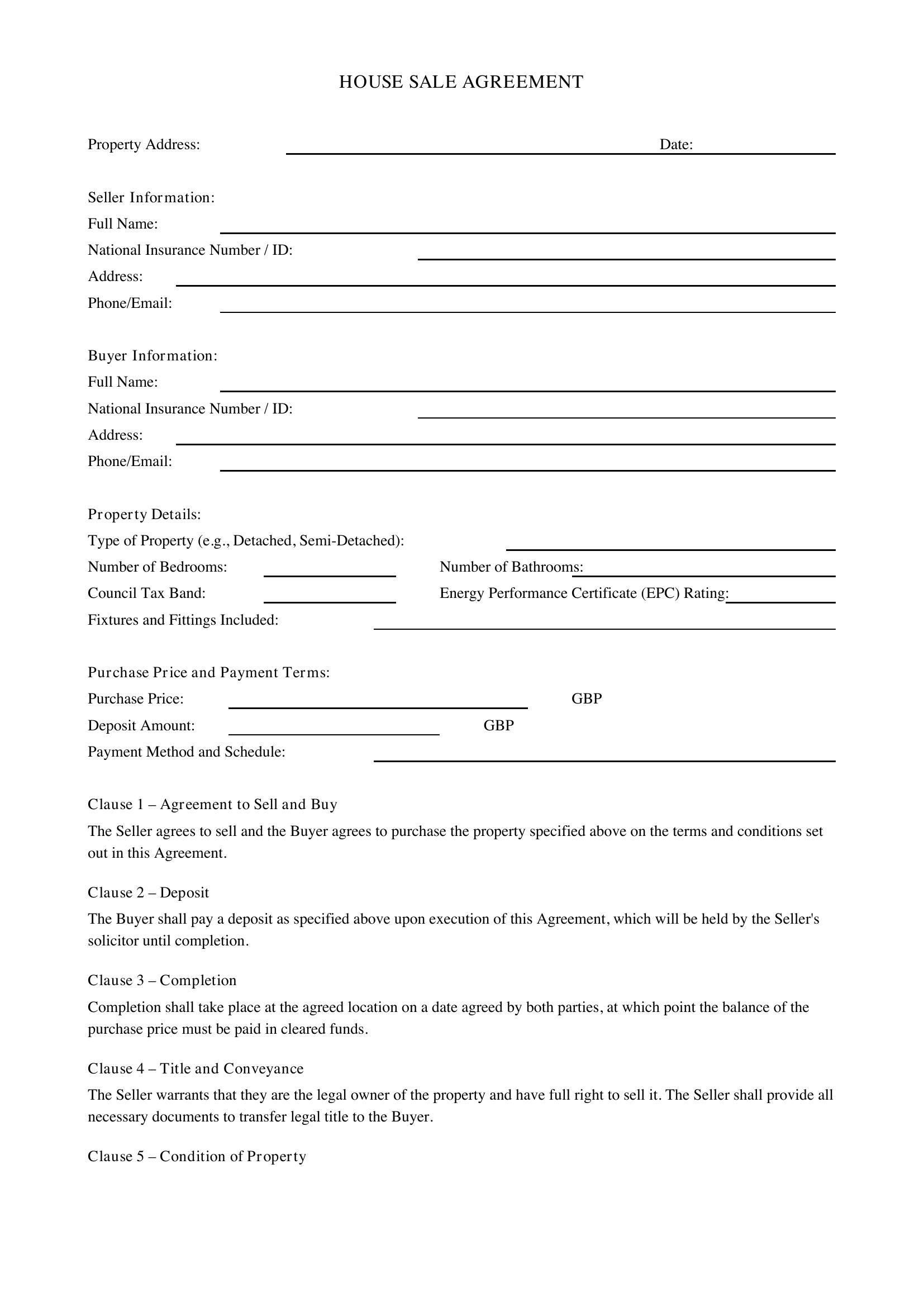 House Sale Contract Template - UK