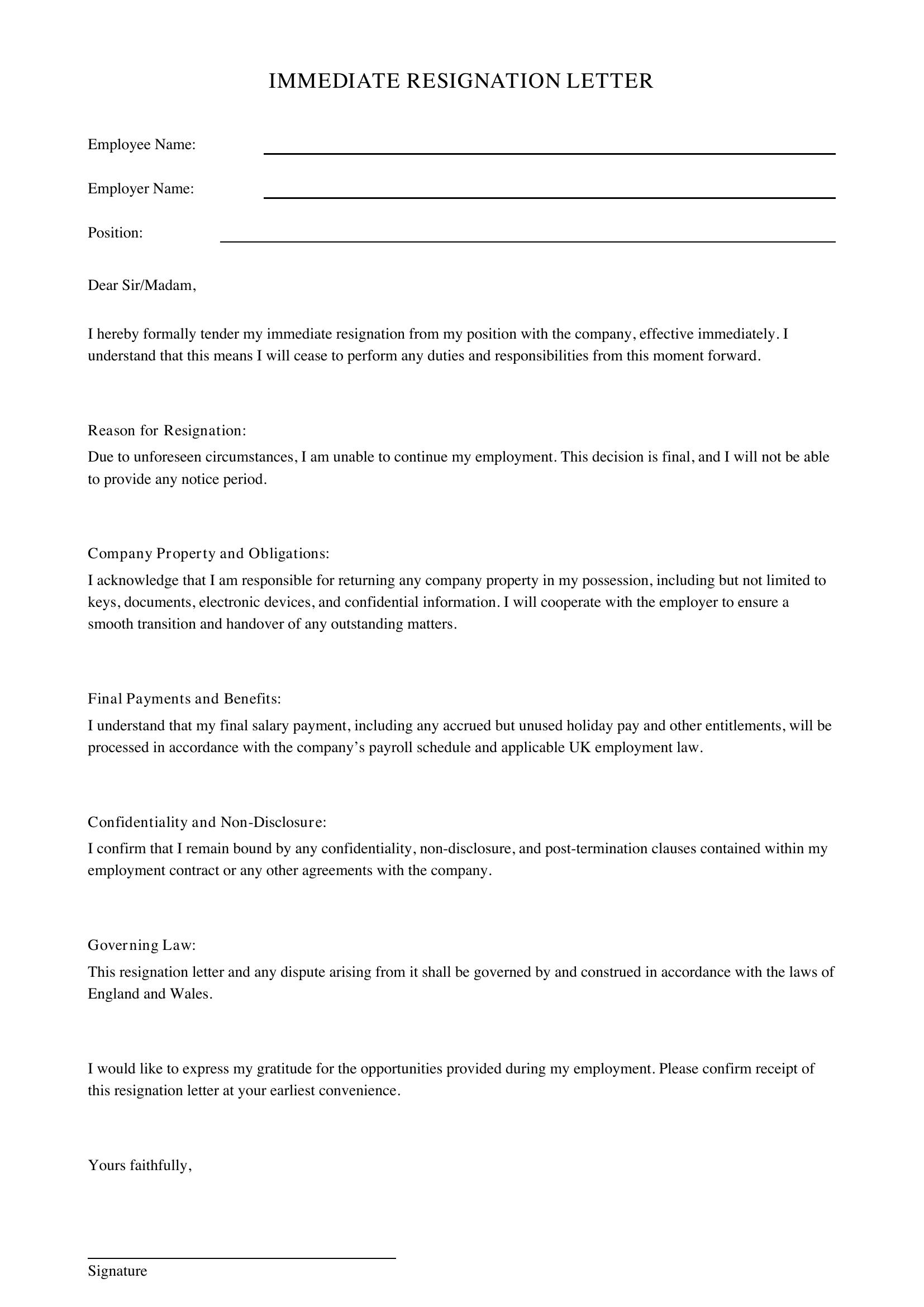 Immediate Resignation Letter Template - UK
