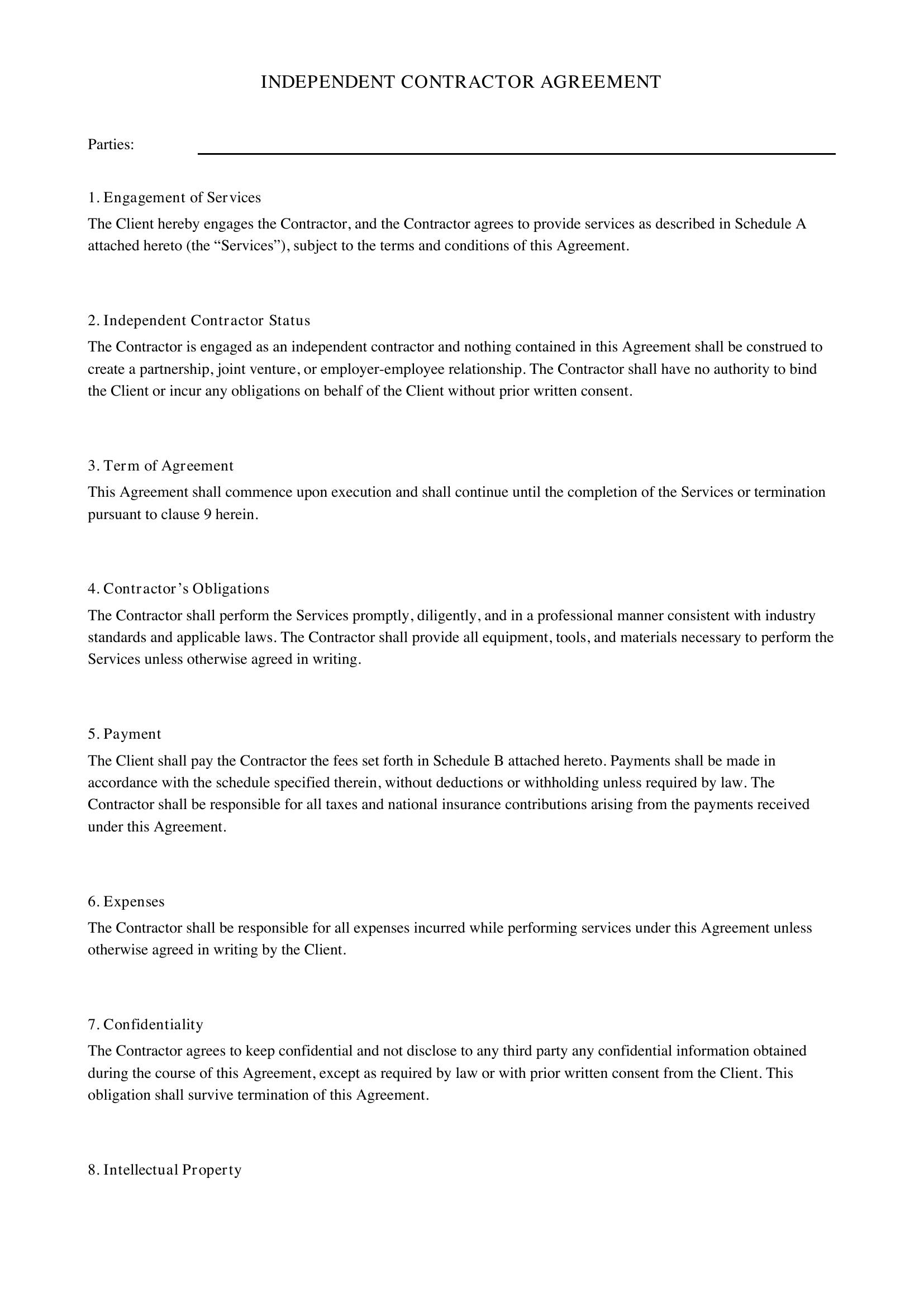 Independent Contractor Agreement Template - UK