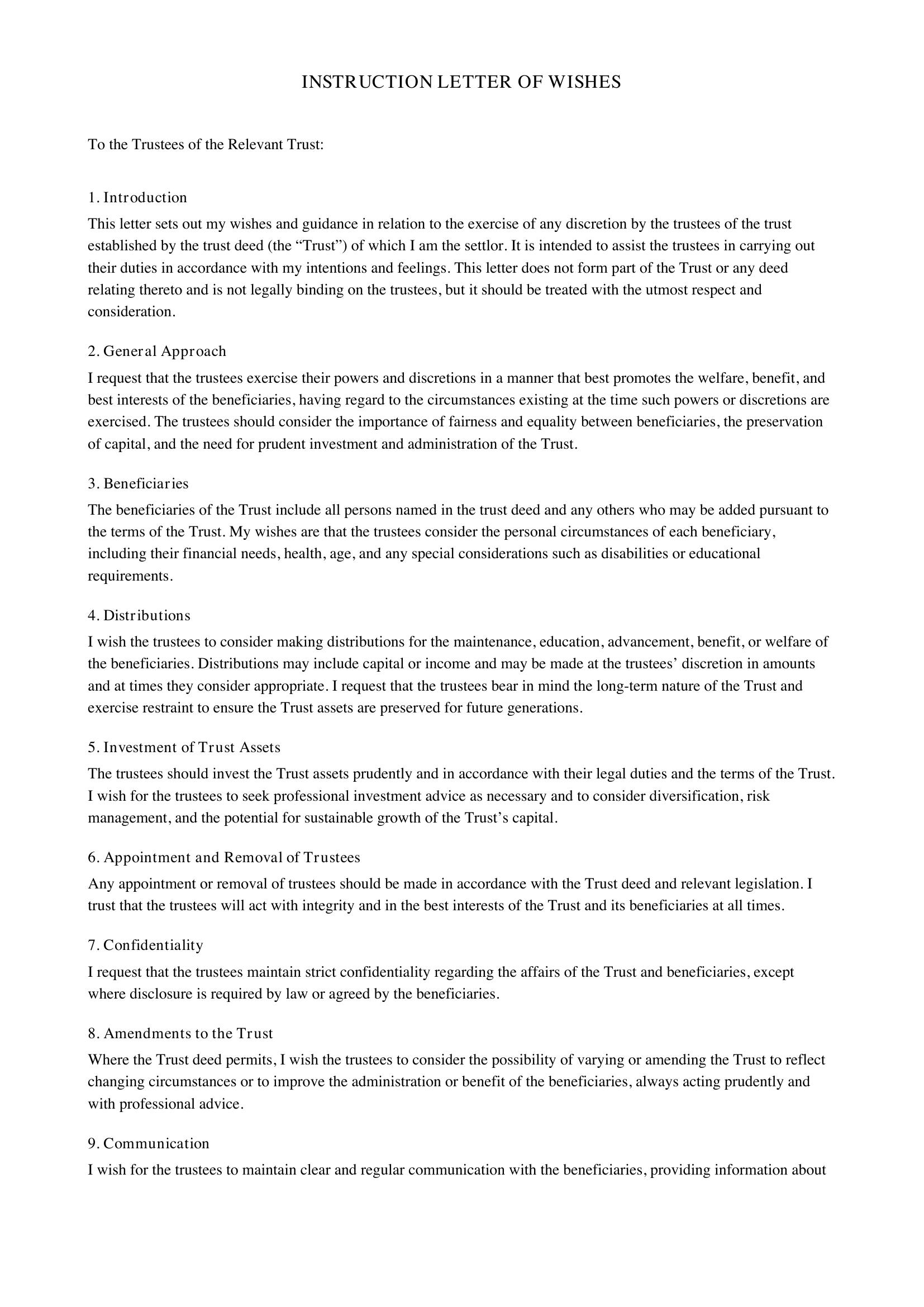 Instruction Letter Of Wishes Template - UK