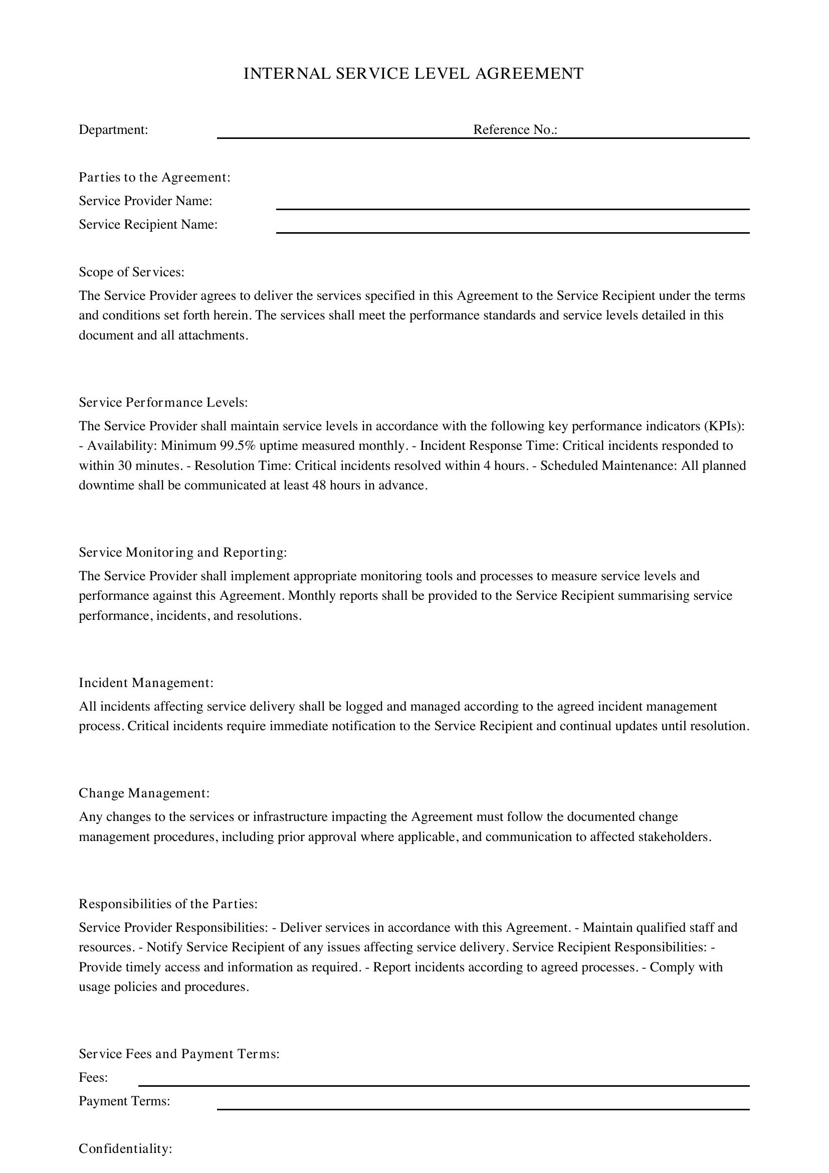 Internal Service Level Agreement Template - UK