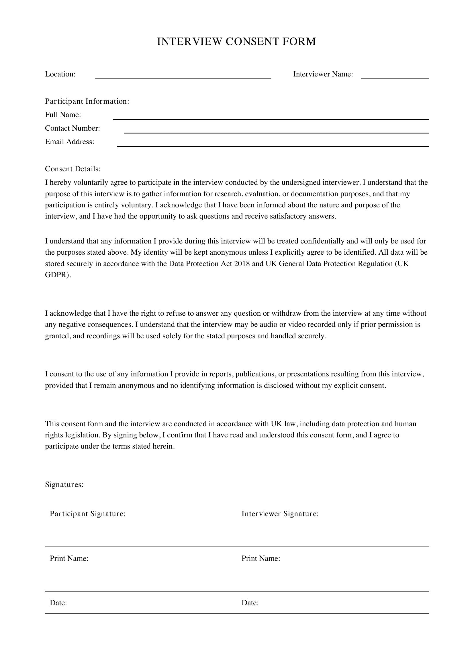 Interview Consent Form Template - UK