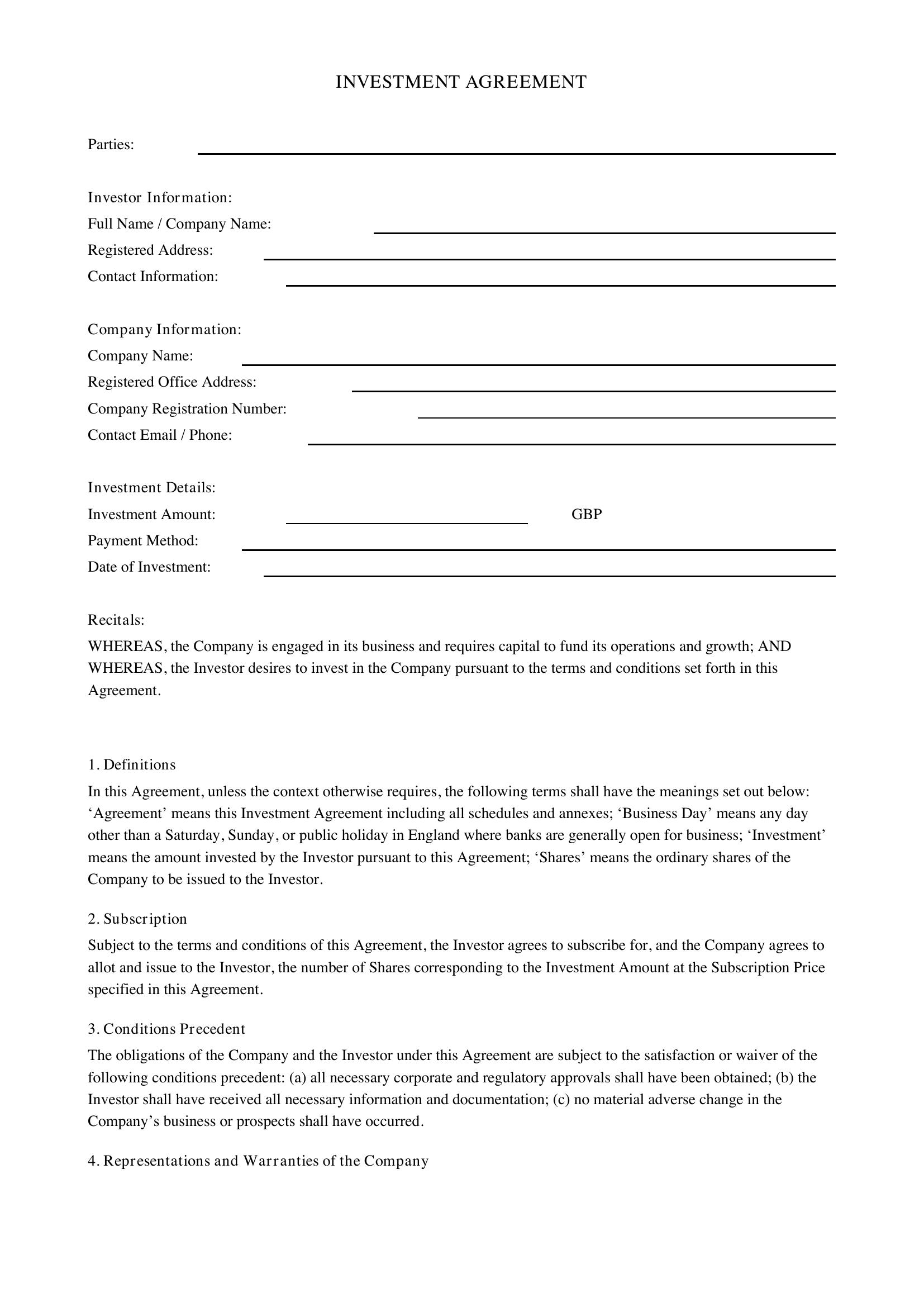 Investment Agreement Template - UK