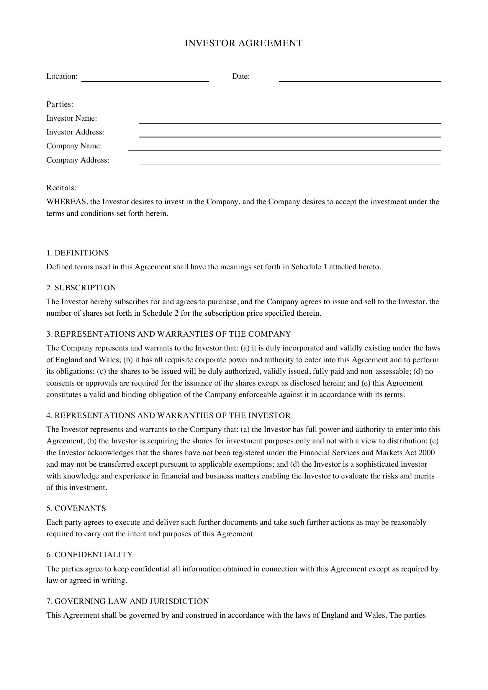Investor Agreement Template - UK