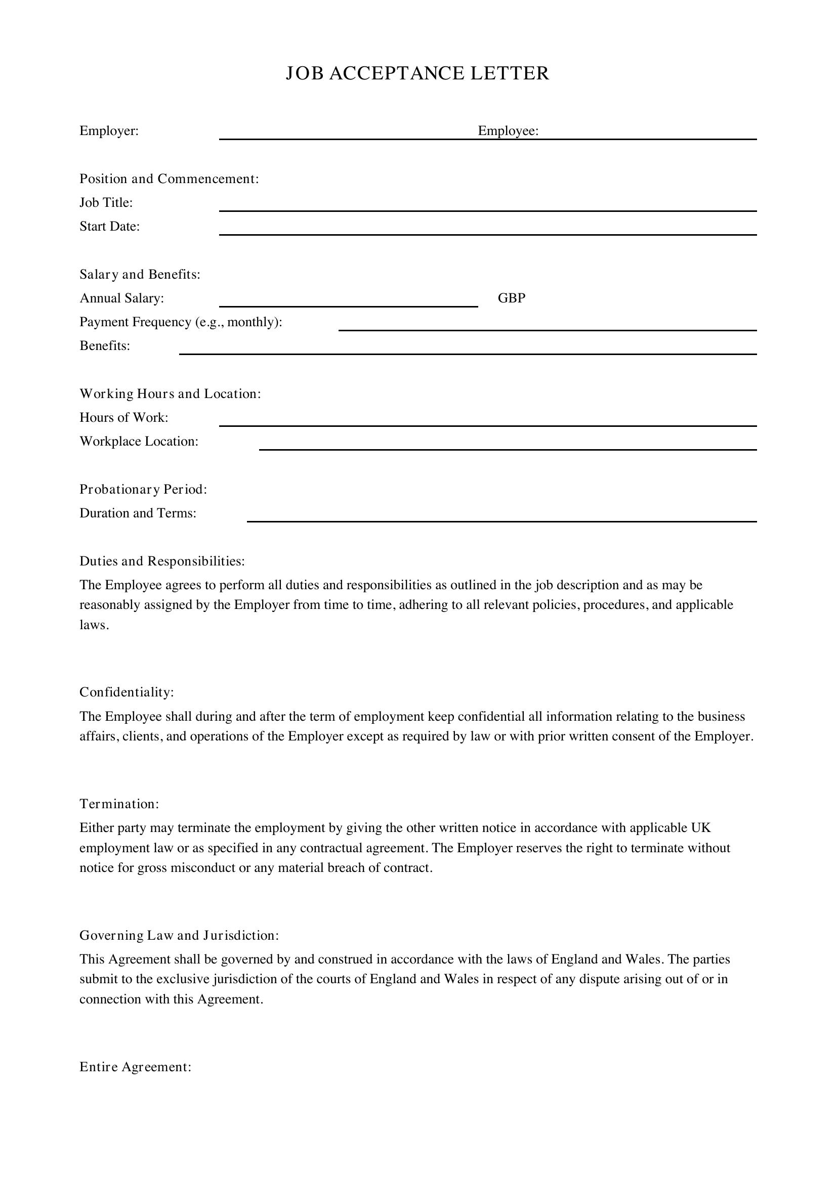 Job Acceptance Letter Template - UK