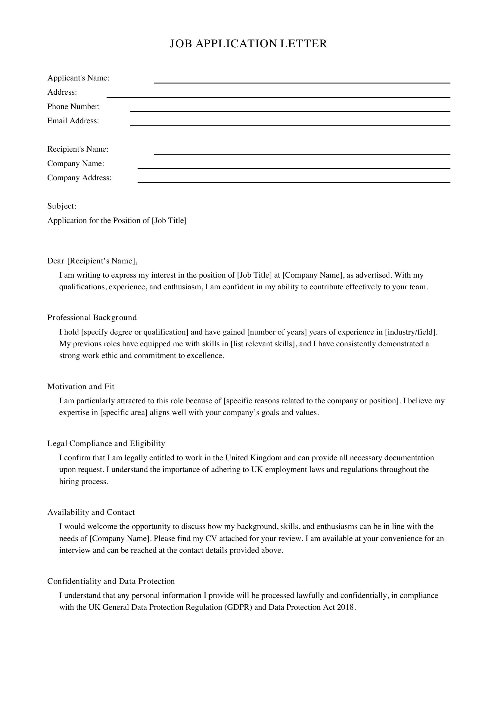 Job Application Letter Template - UK