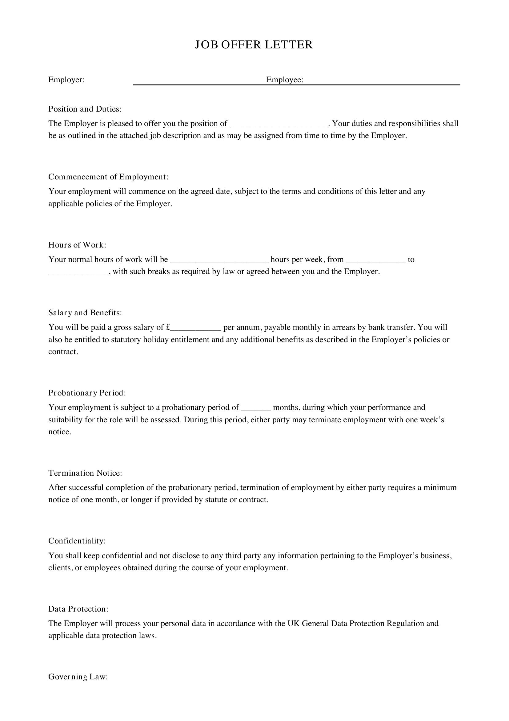Job Offer Letter Template - UK