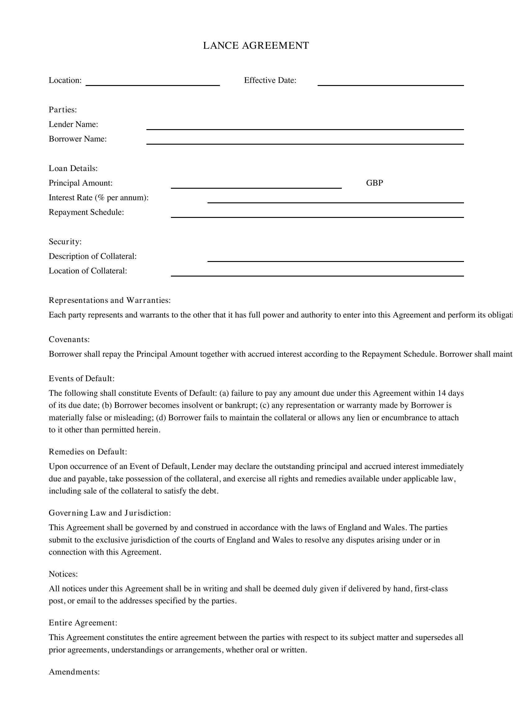 Lance Agreement Template - UK