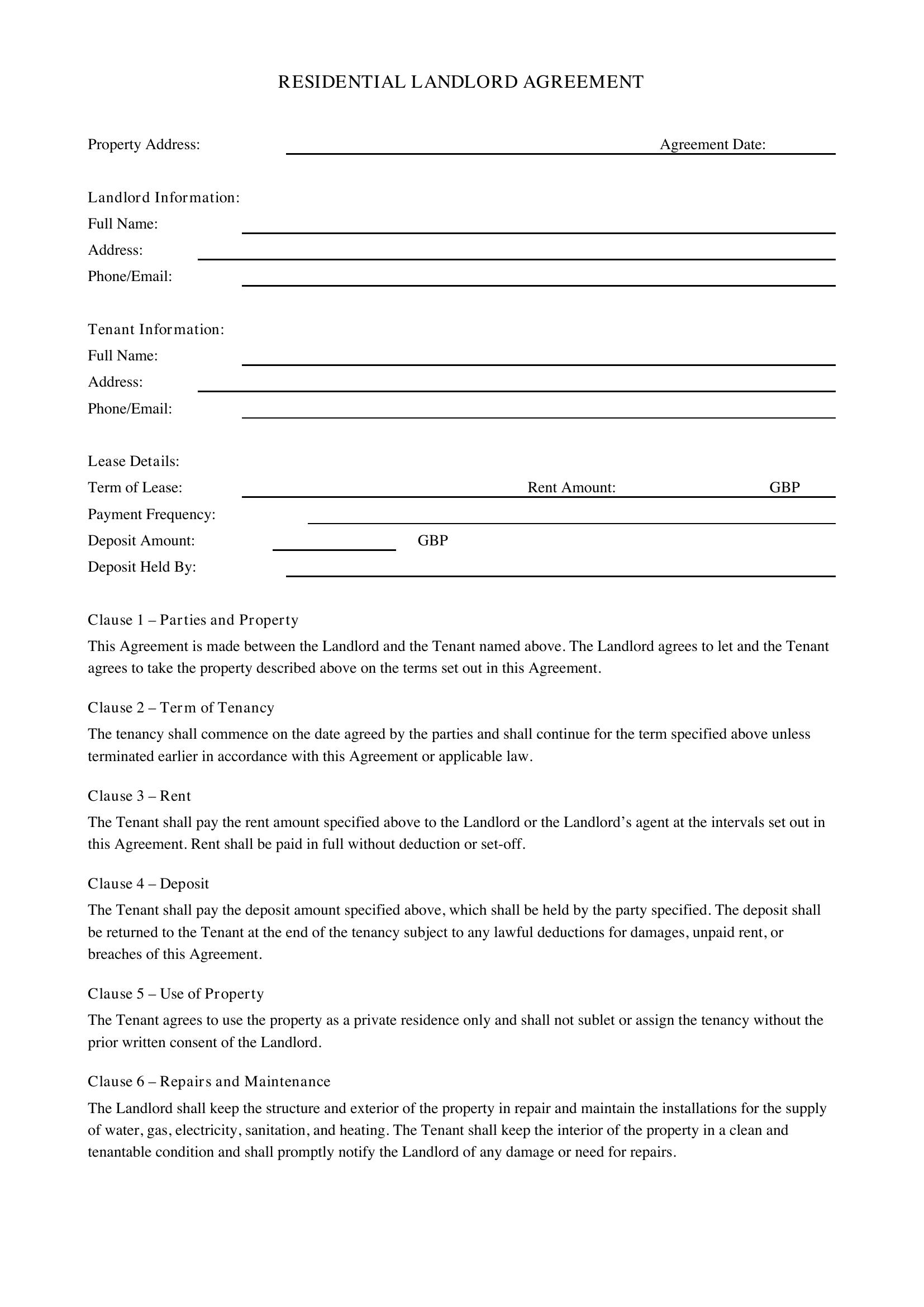 Landlord Agreement Template - UK