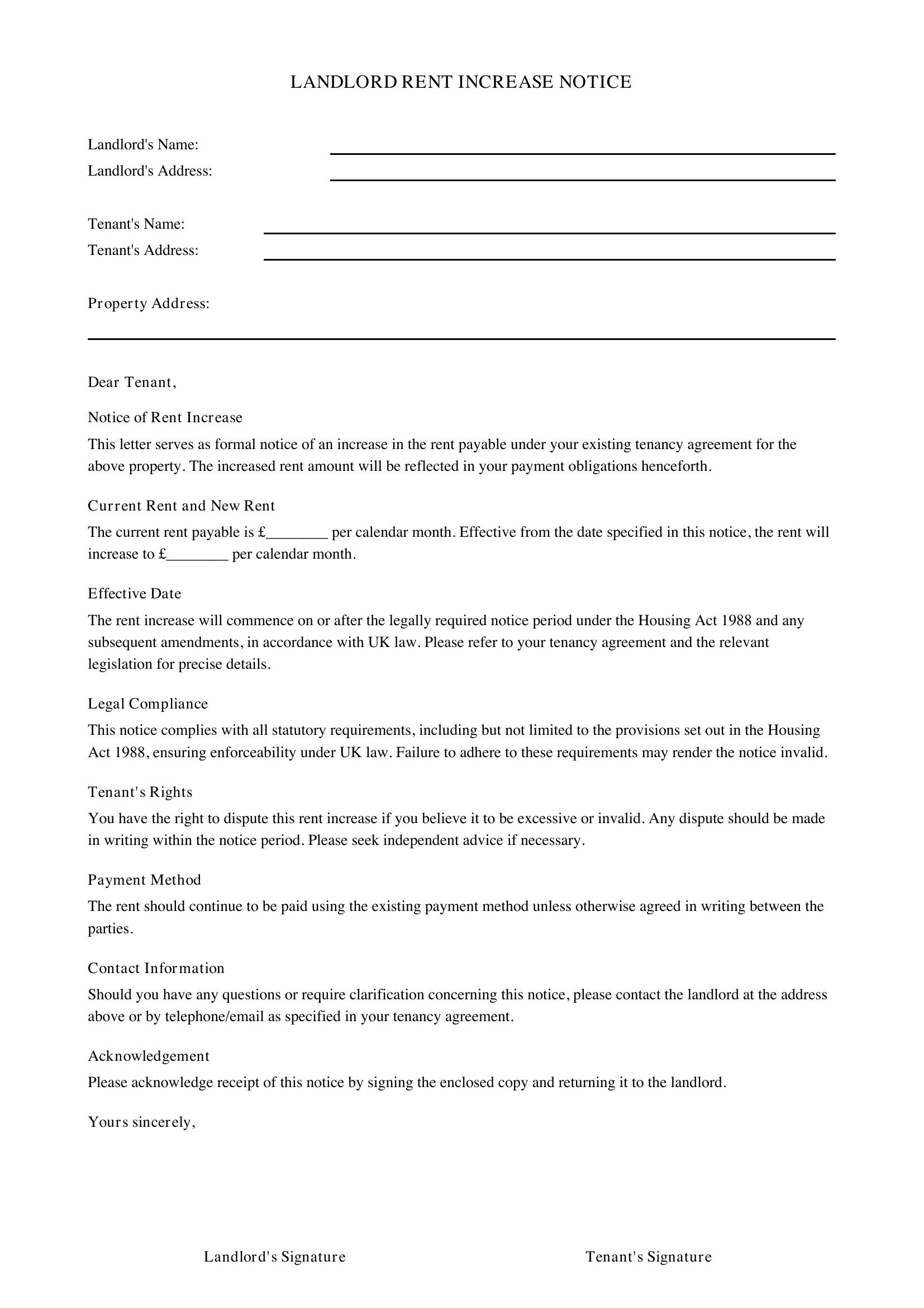 Landlord Rent Increase Letter Template - UK