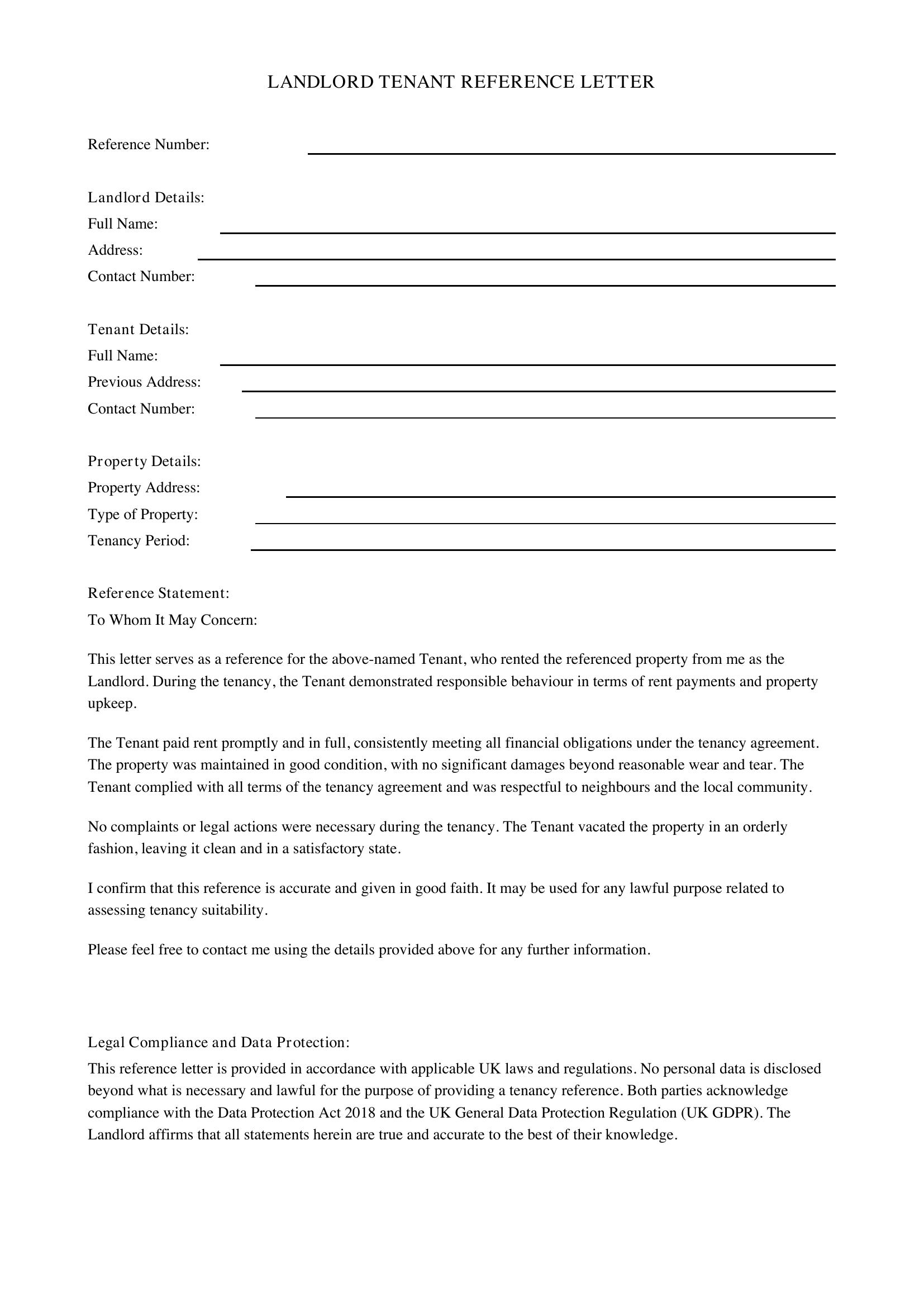 Landlord Tenant Reference Letter Template - UK