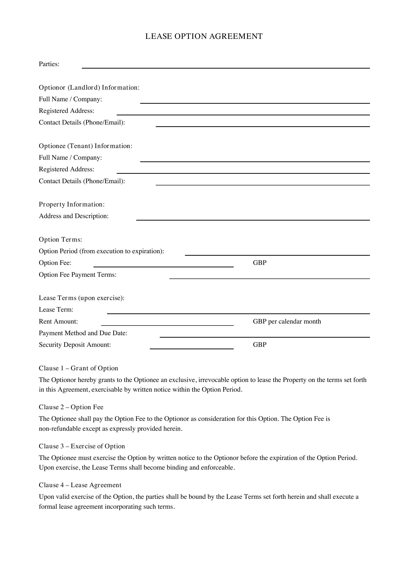 Lease Option Agreement Template - UK