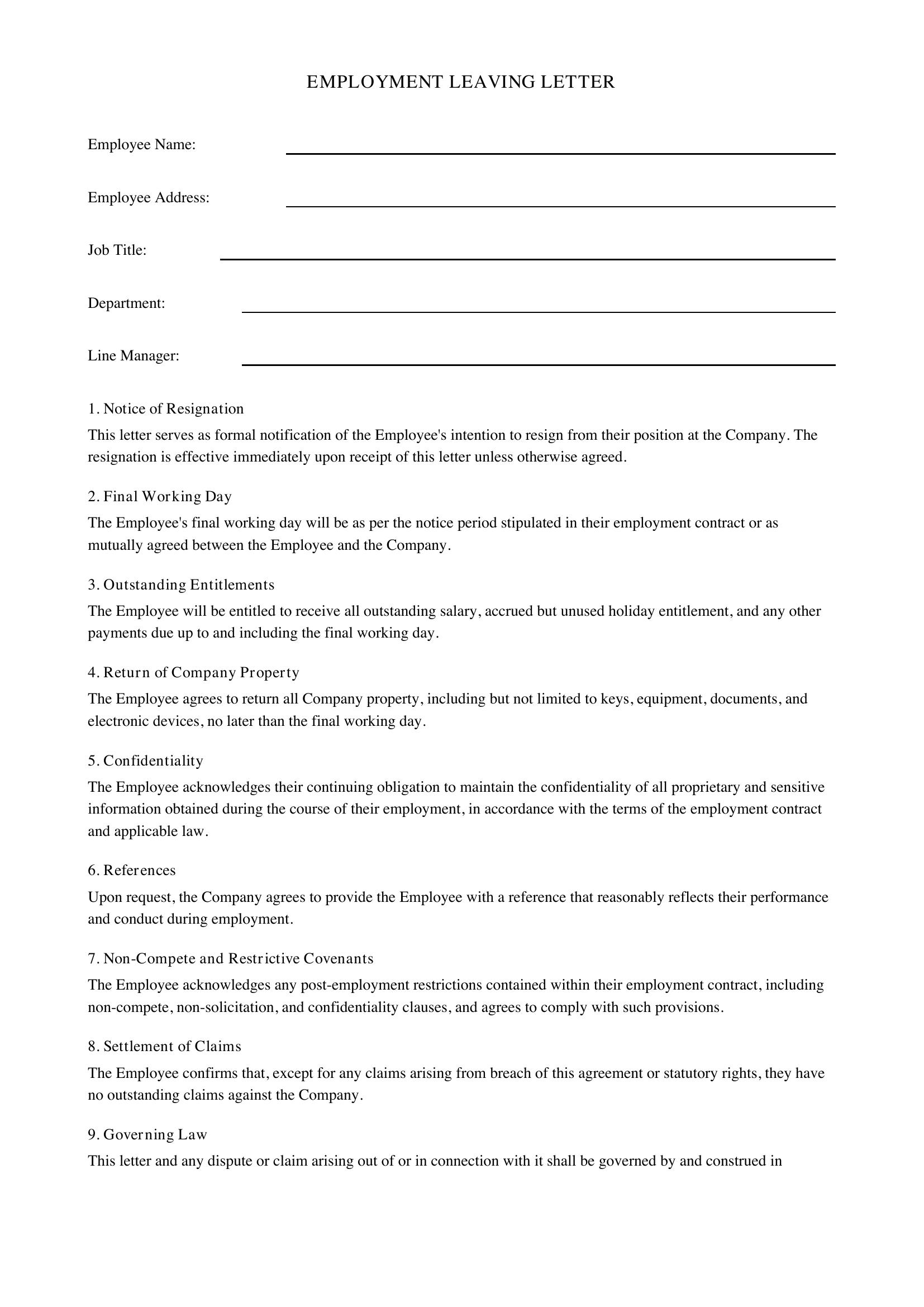 Leaving Letter Template - UK