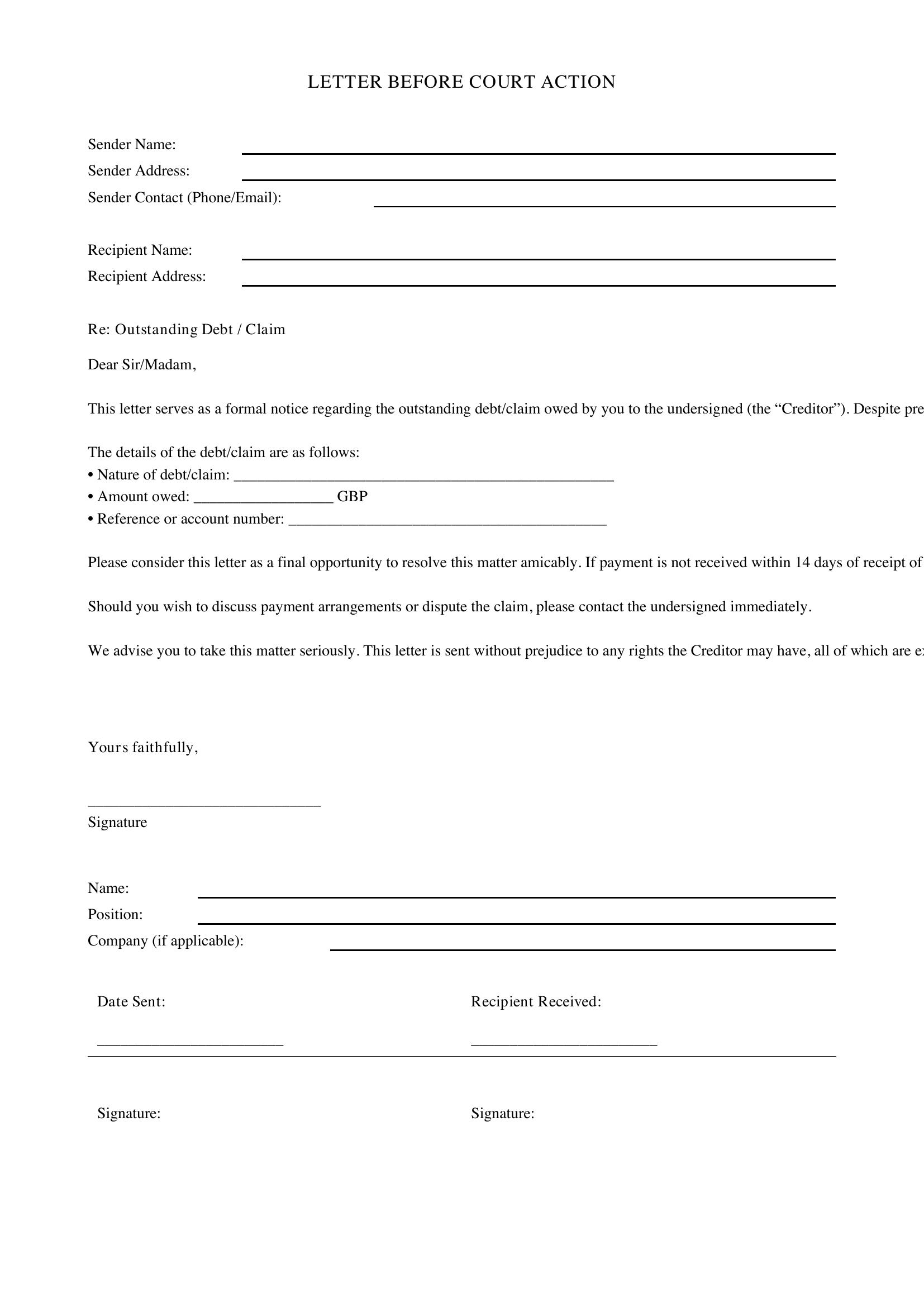 Letter Before Court Action Template - UK
