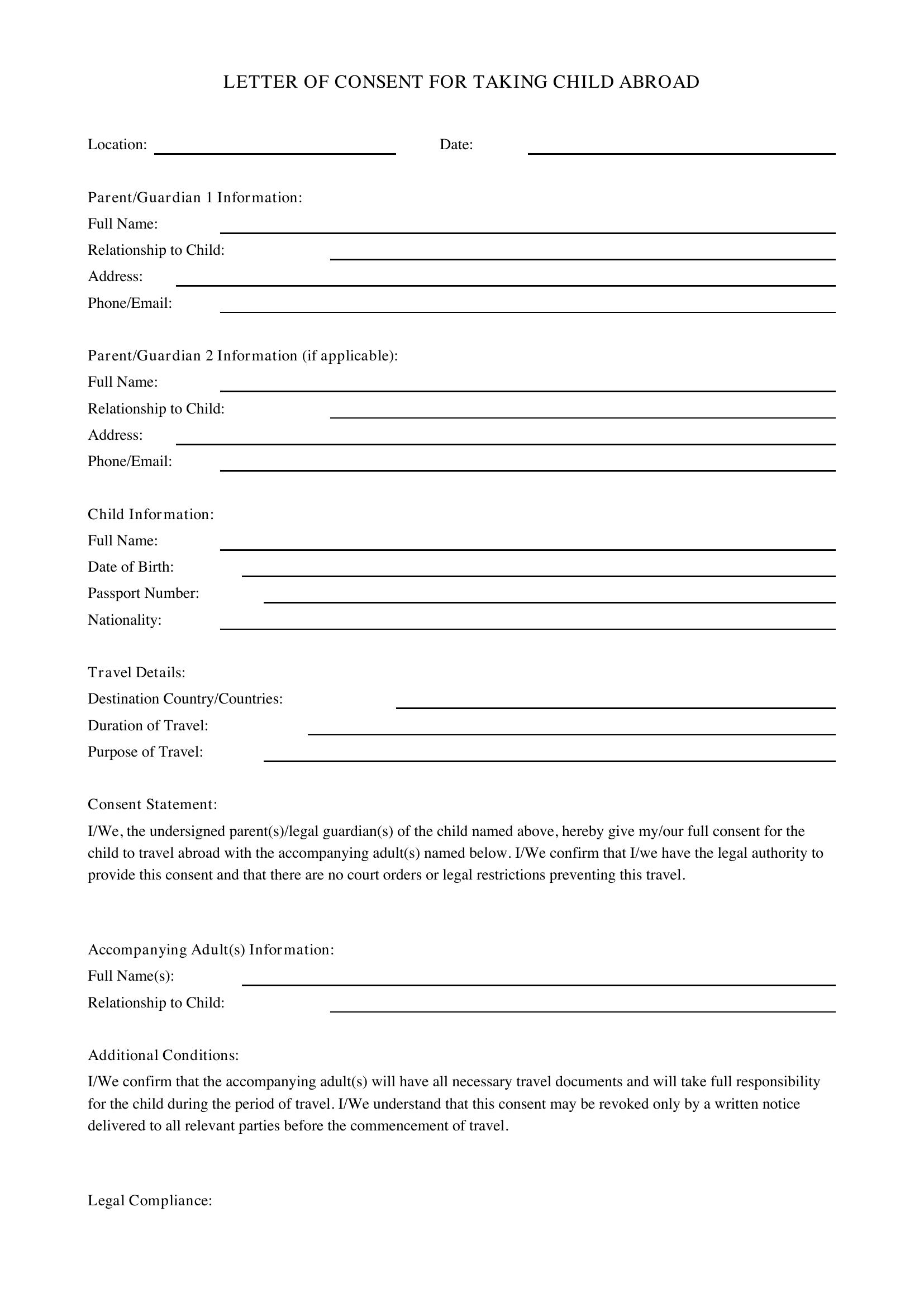 Letter For Taking Child Abroad Template - UK