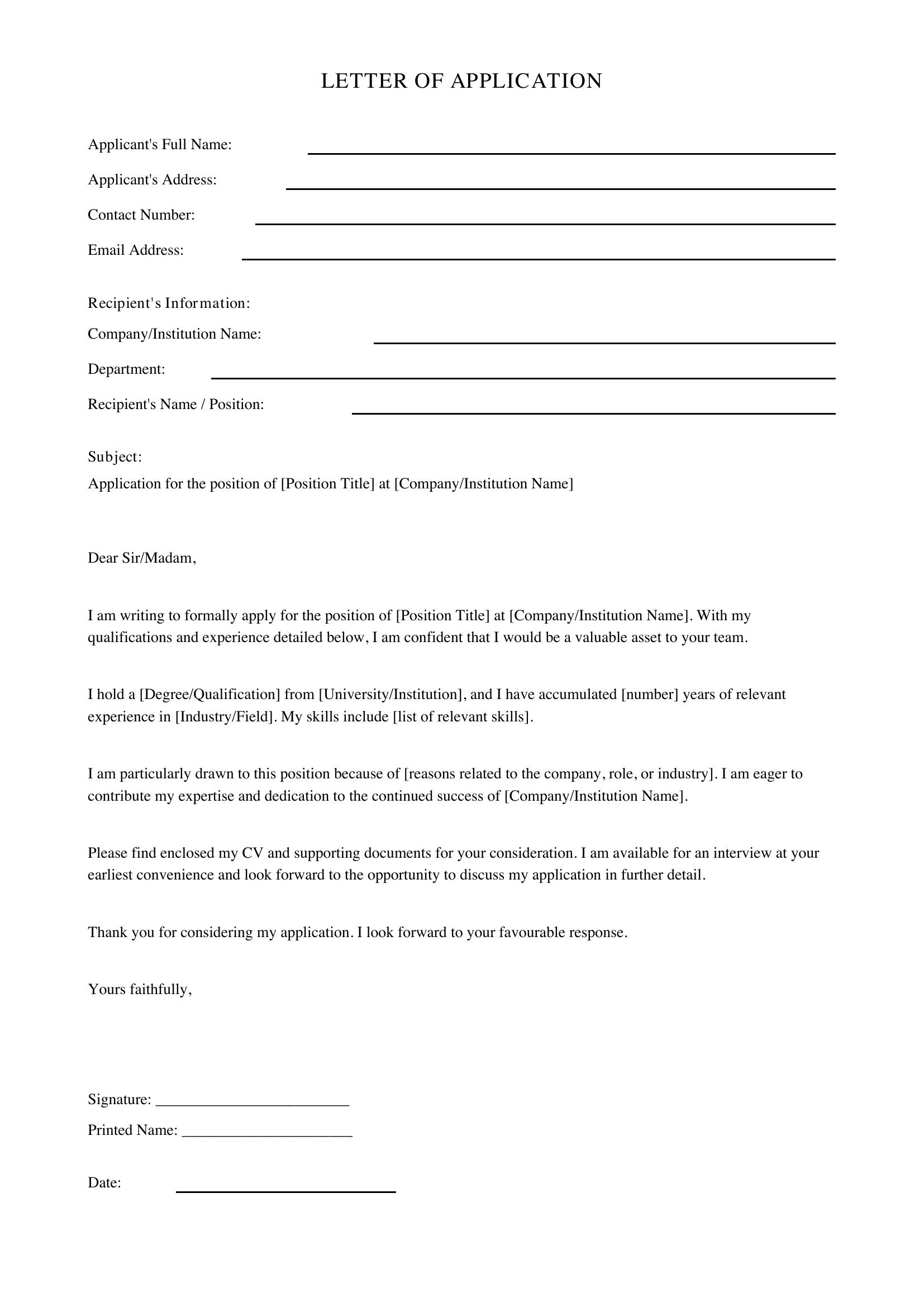 Letter Of Application Template - UK