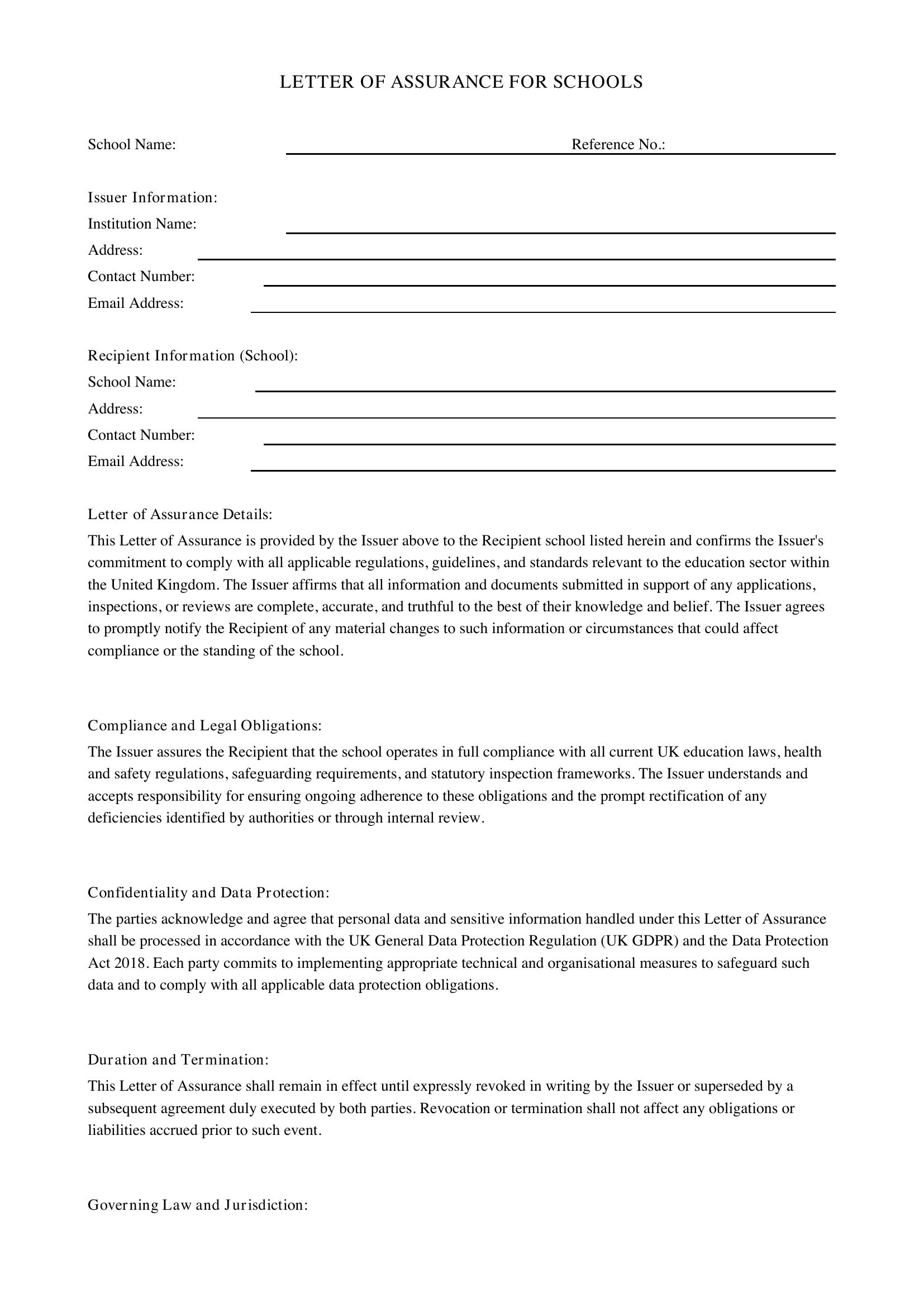 Letter Of Assurance For Schools Template - UK