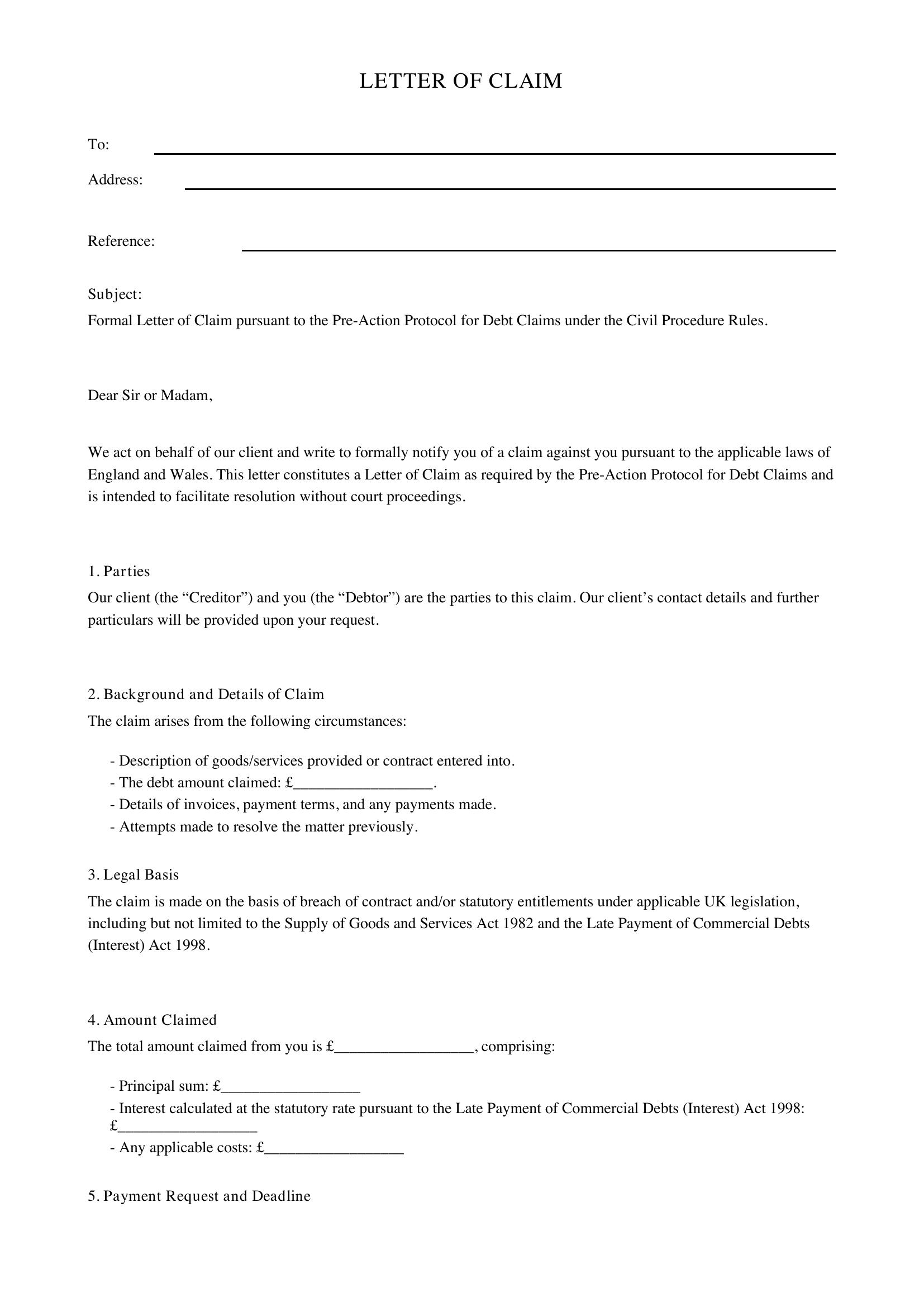 Letter Of Claim Template - UK