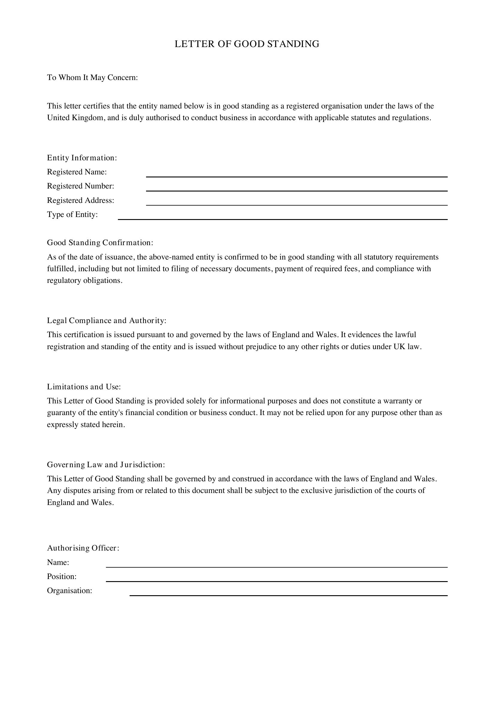 Letter Of Good Standing Template - UK
