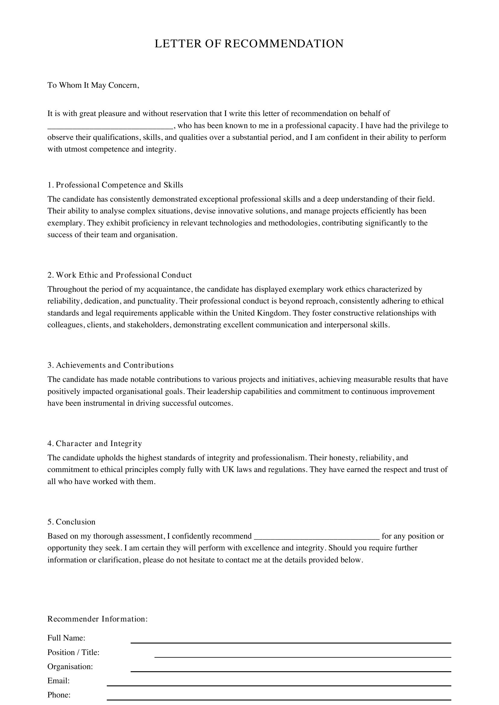 Letter Of Recommendation Template - UK