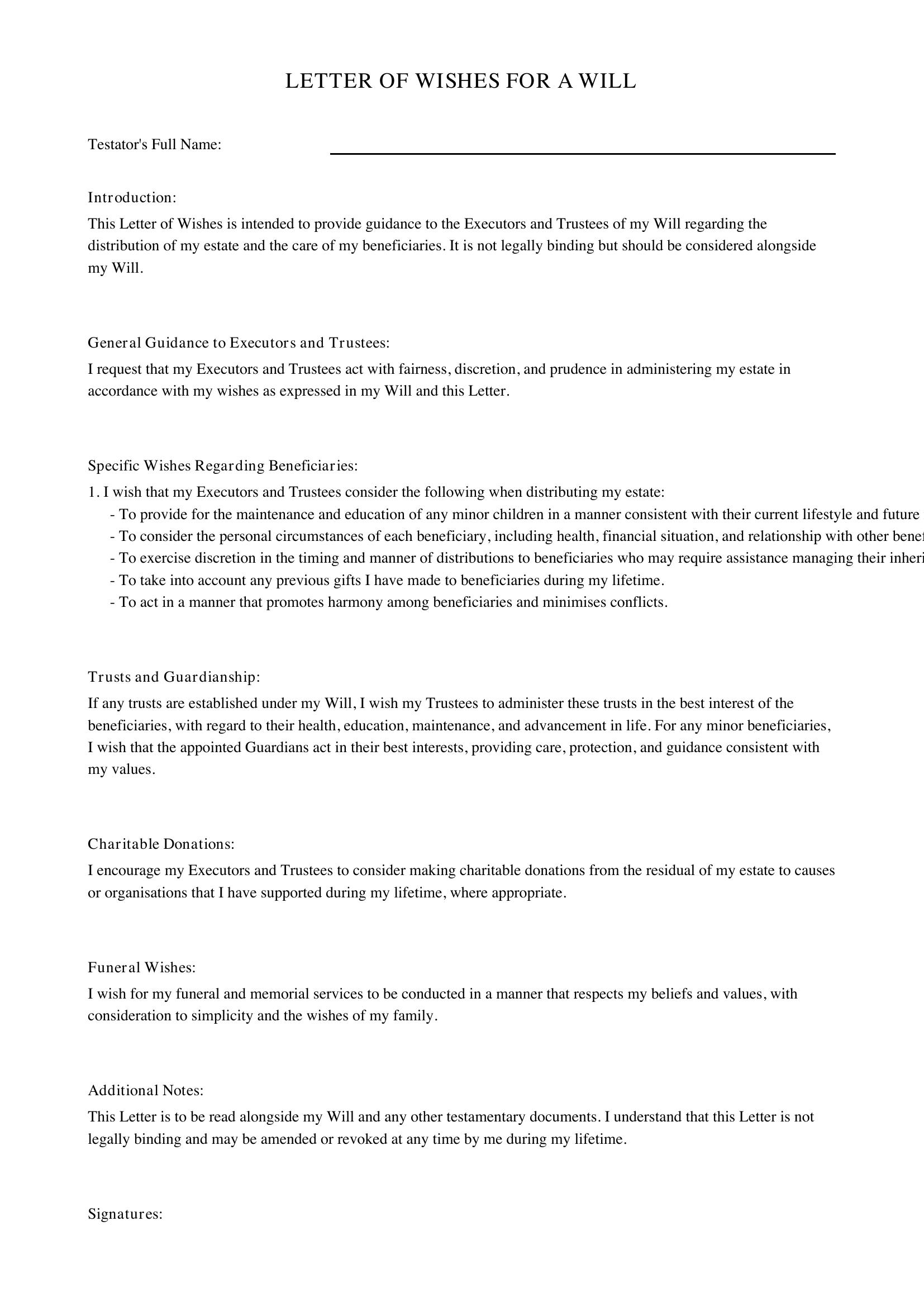 Letter Of Wishes For A Will Template - UK
