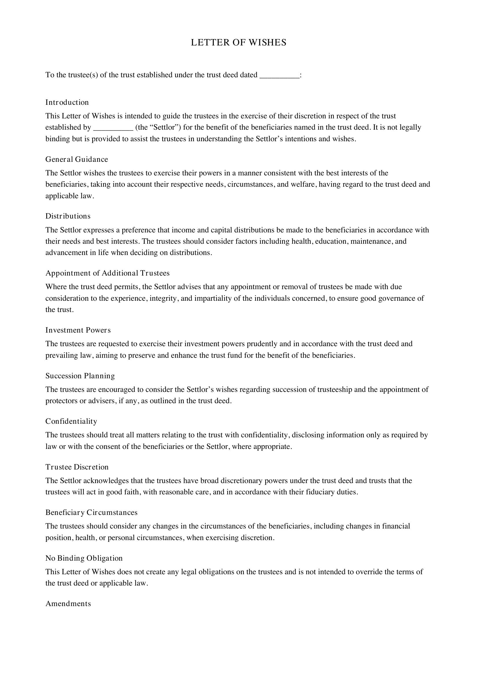 Letter Of Wishes Template - UK