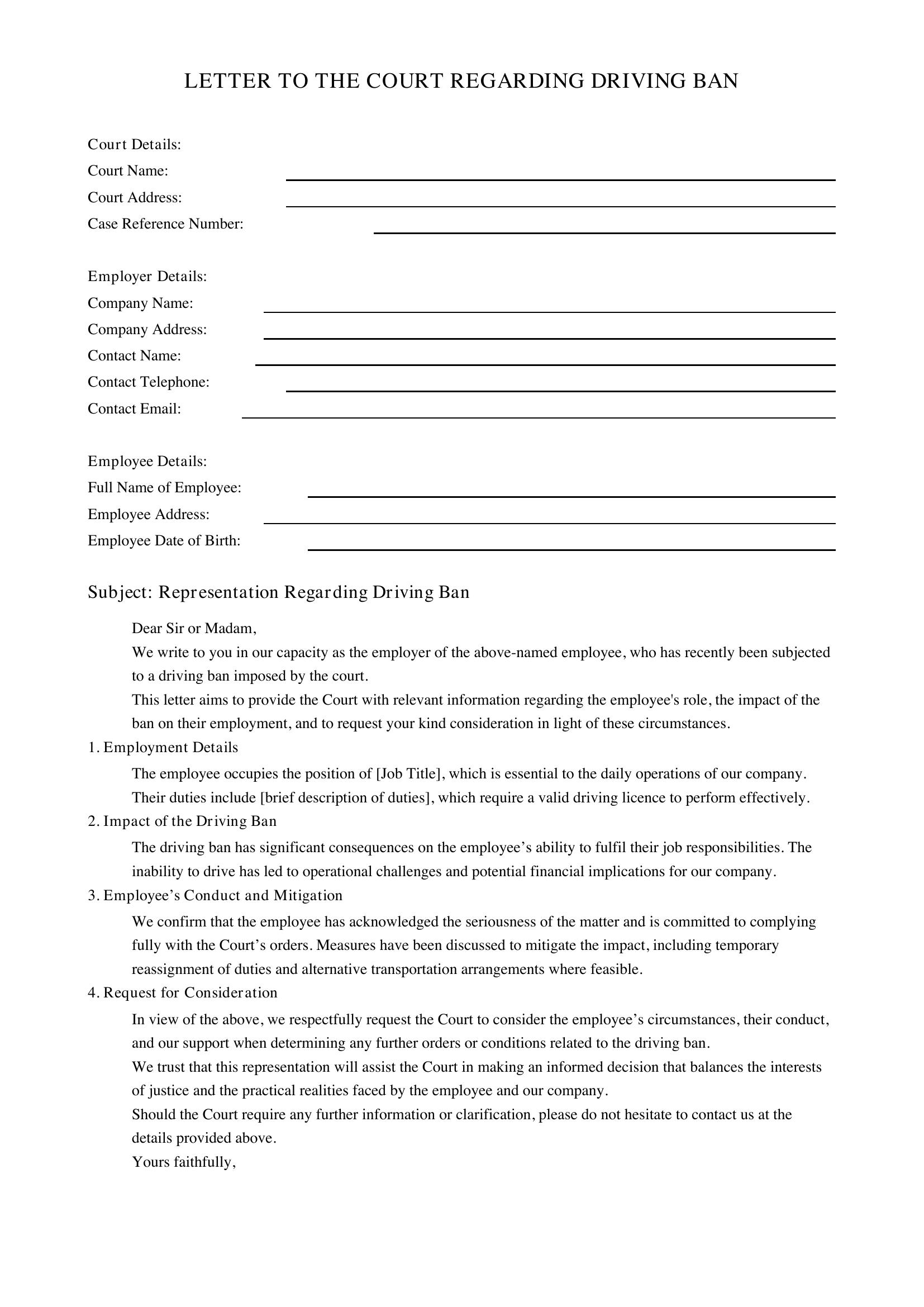 Letter To Court From Employer Driving Ban Template - UK