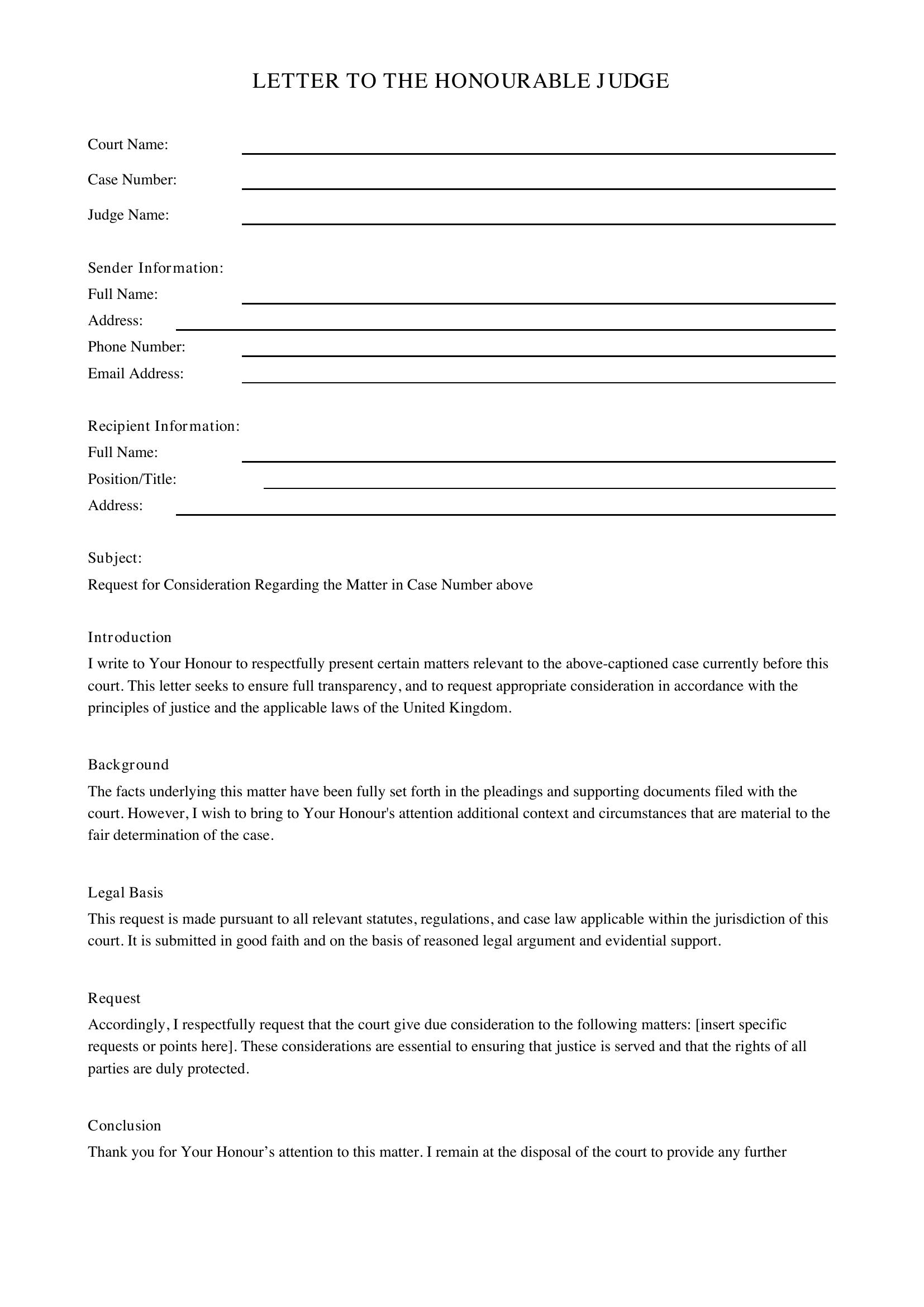 Letter To Judge Template - UK