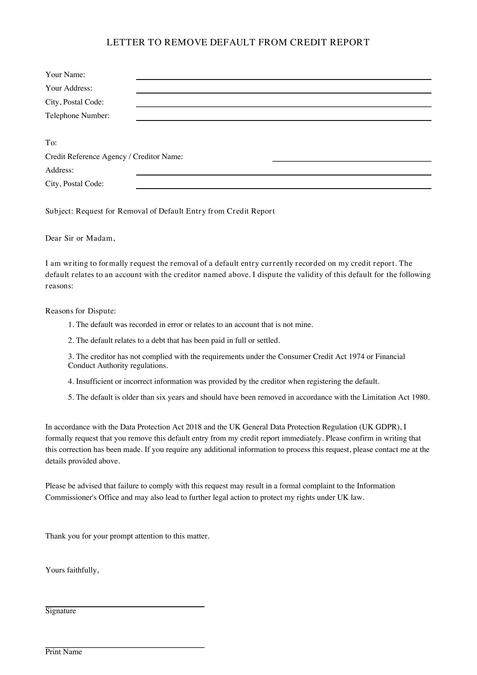 Letter To Remove Default From Credit Report Template - UK