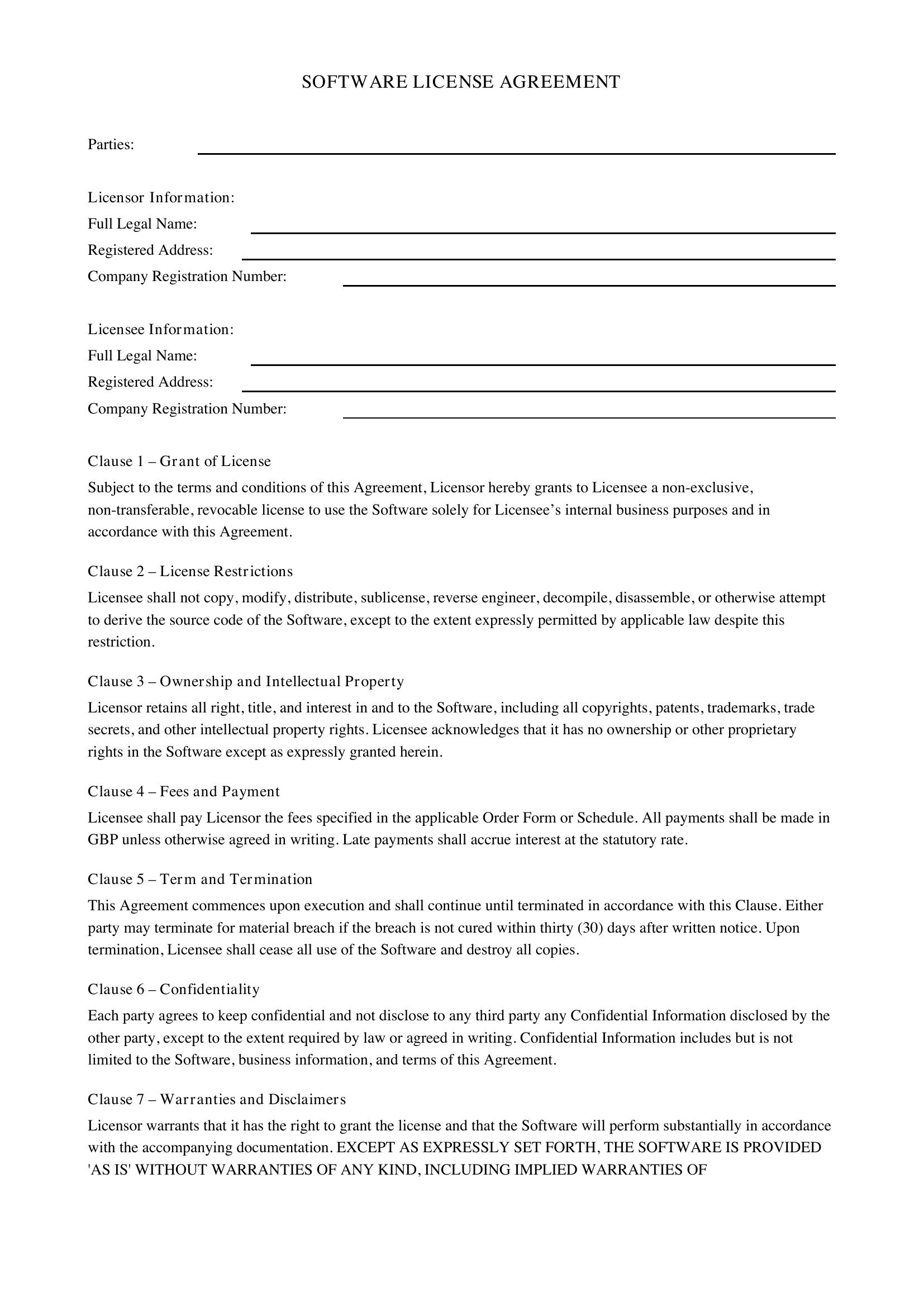License Agreement Template - UK