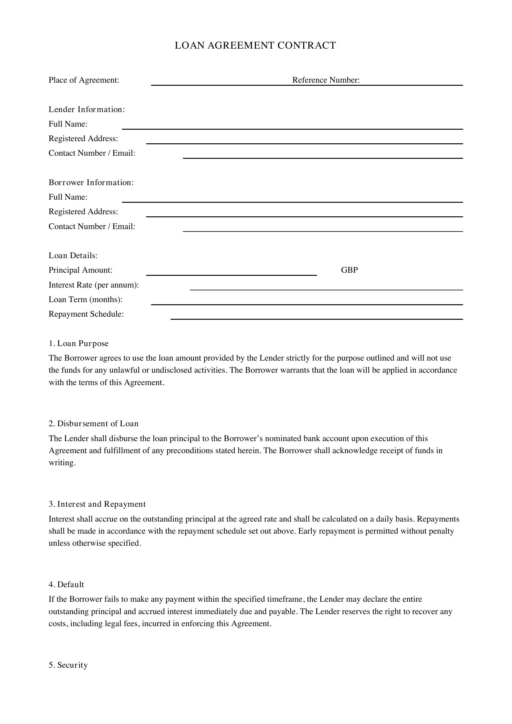 Loan Contract Template - UK