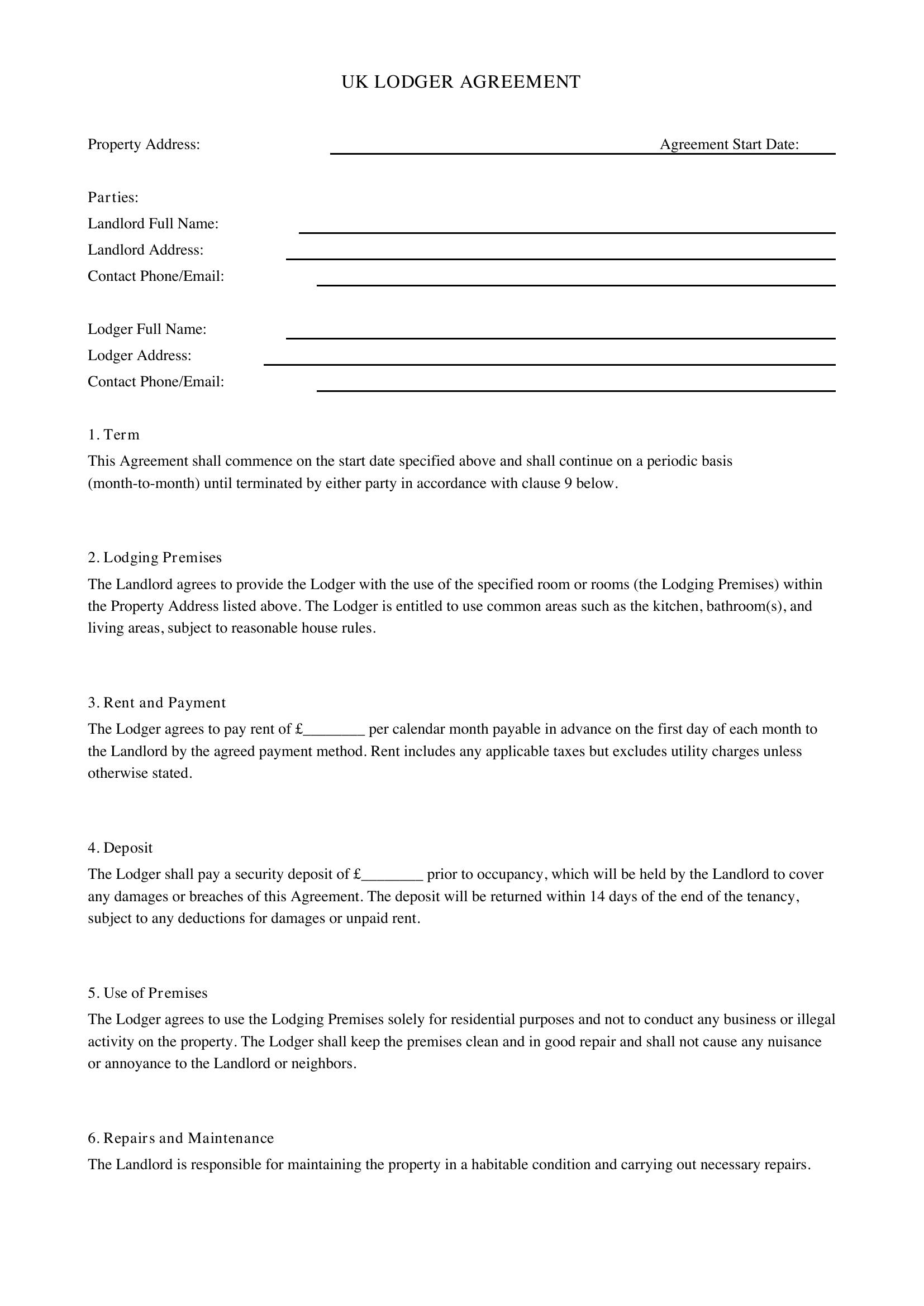 Lodger Agreement Template - UK